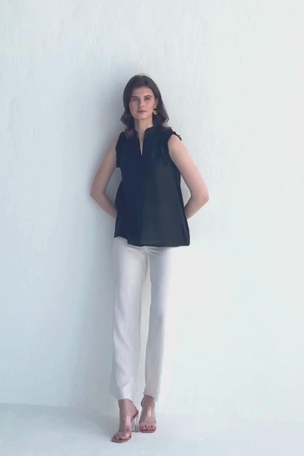 Sleeveless Hemp Top with Ruffles in Black - Addy Avenue