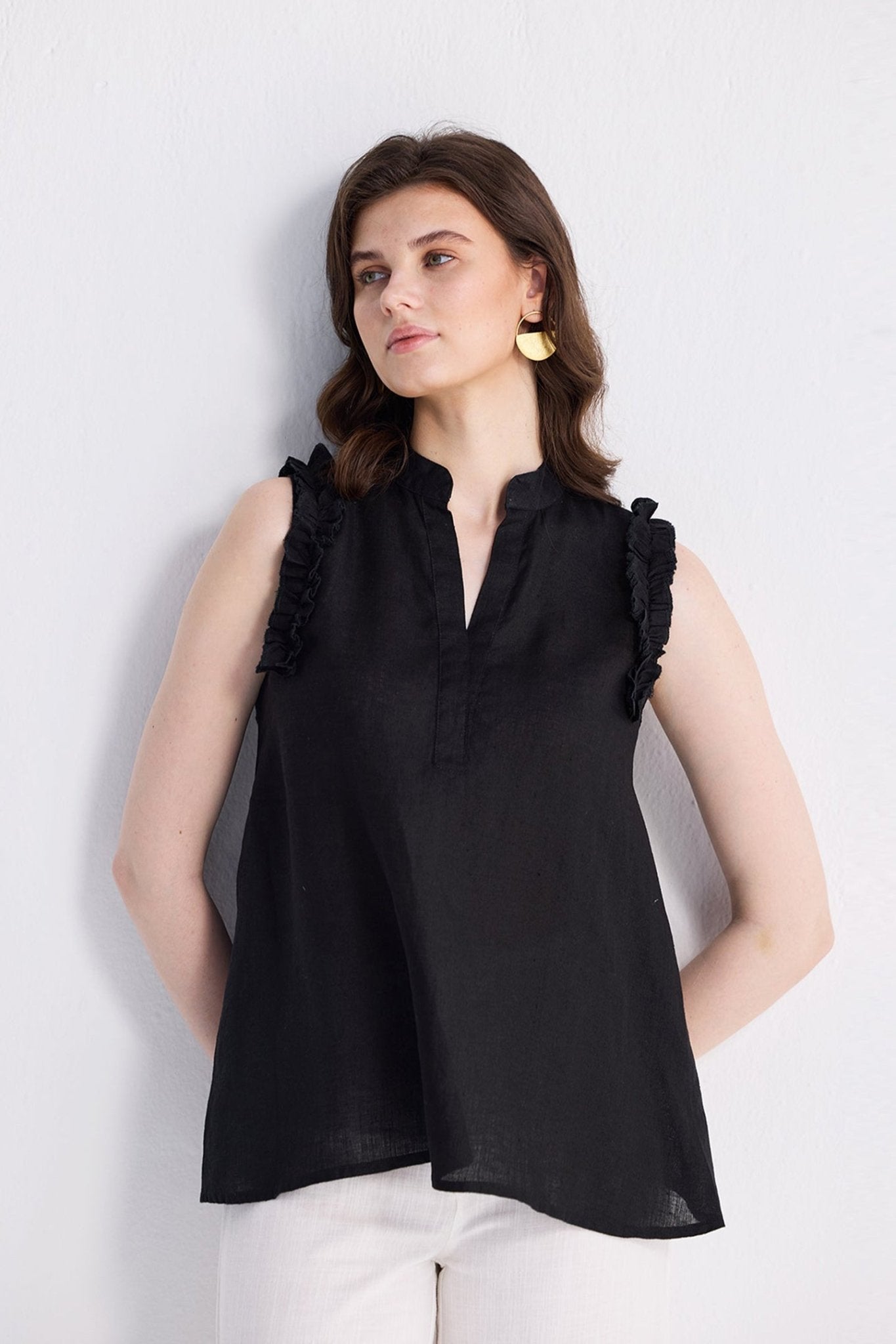 Sleeveless Hemp Top with Ruffles in Black - Addy Avenue