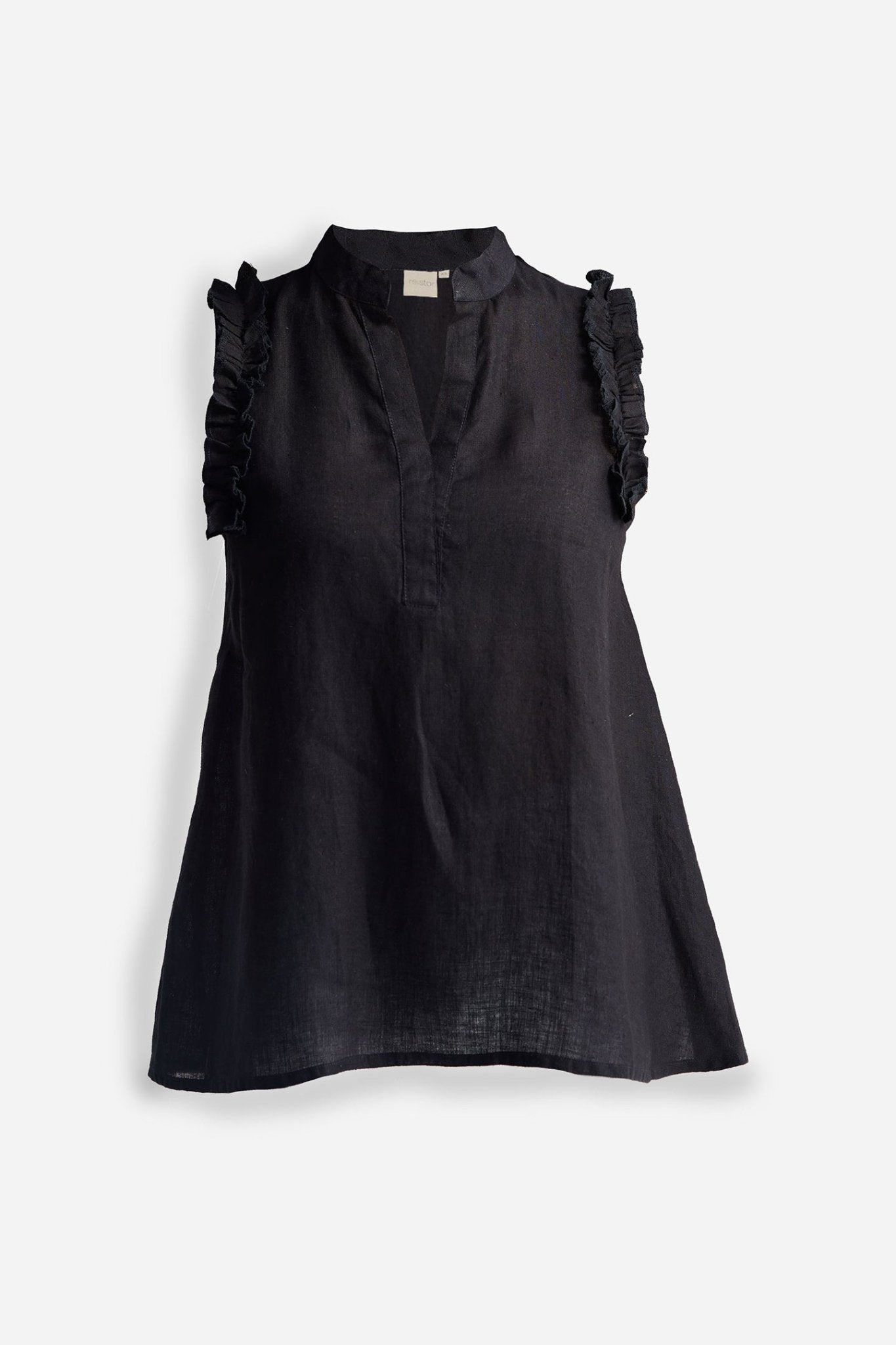 Sleeveless Hemp Top with Ruffles in Black - Addy Avenue