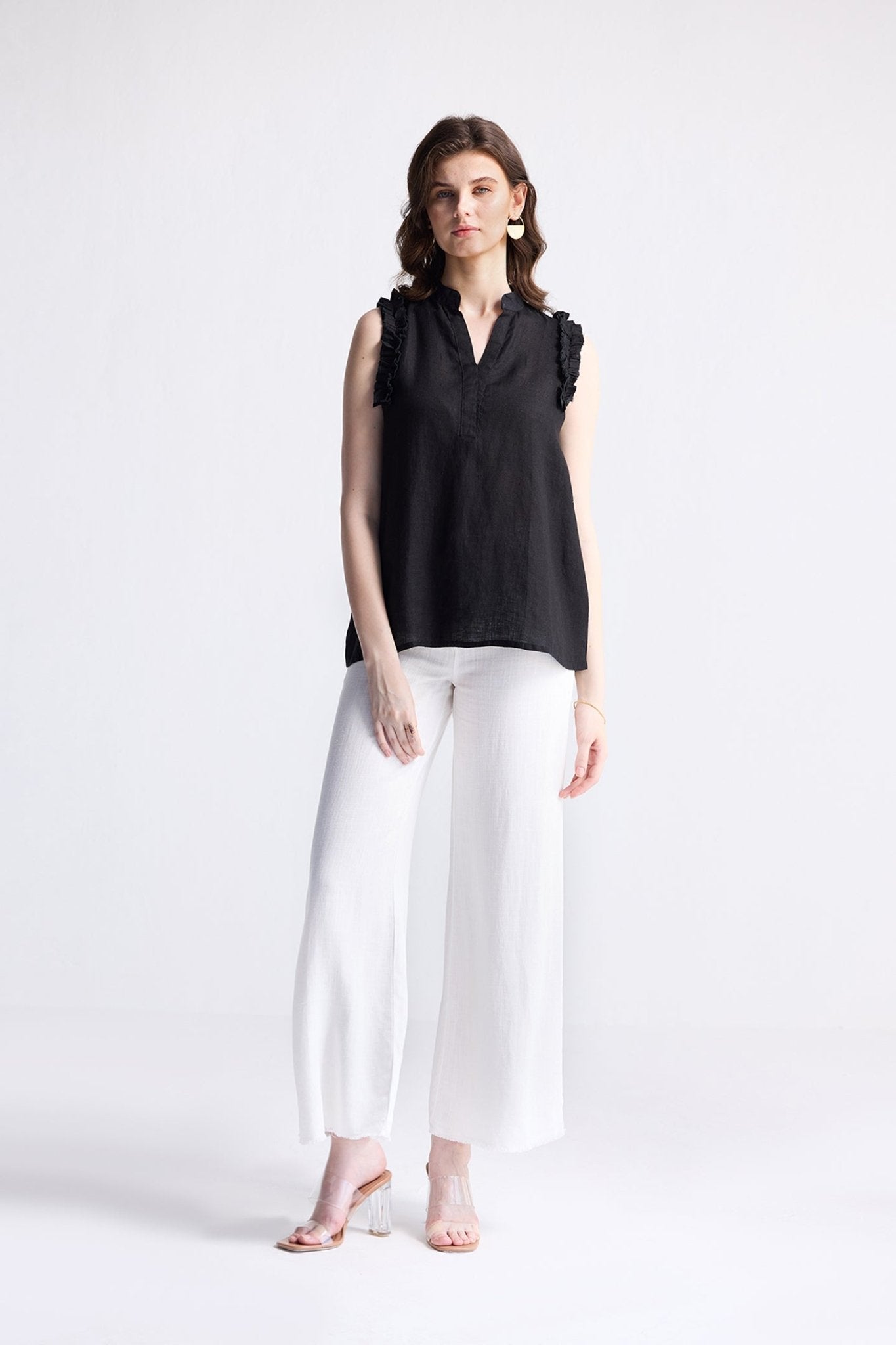 Sleeveless Hemp Top with Ruffles in Black - Addy Avenue