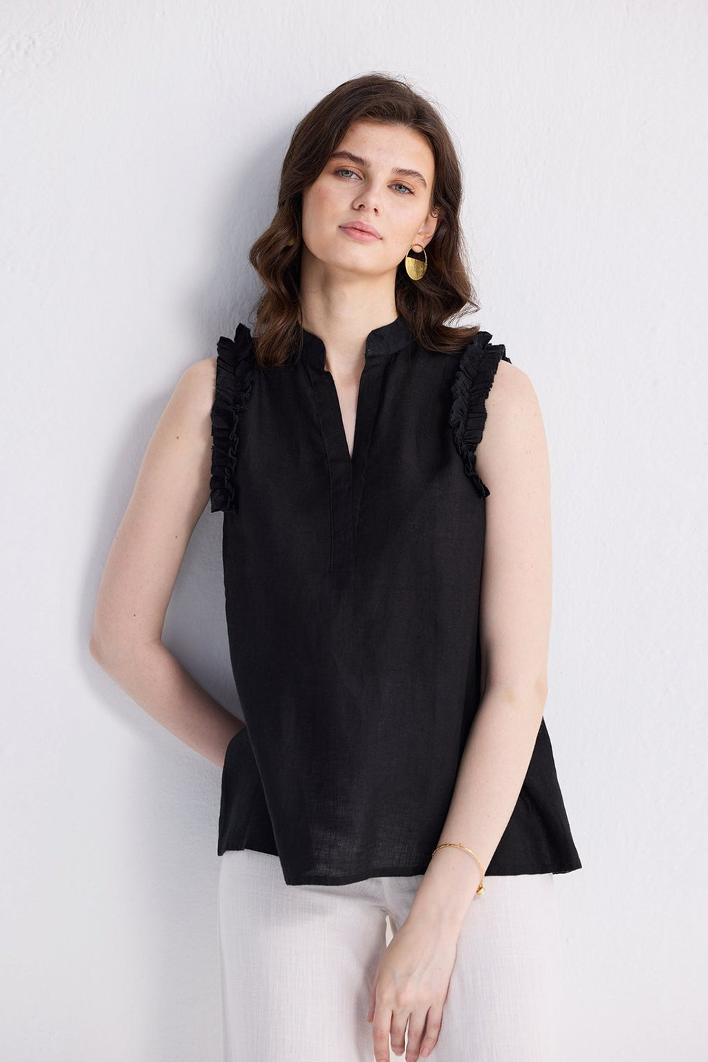 Sleeveless Hemp Top with Ruffles in Black - Addy Avenue
