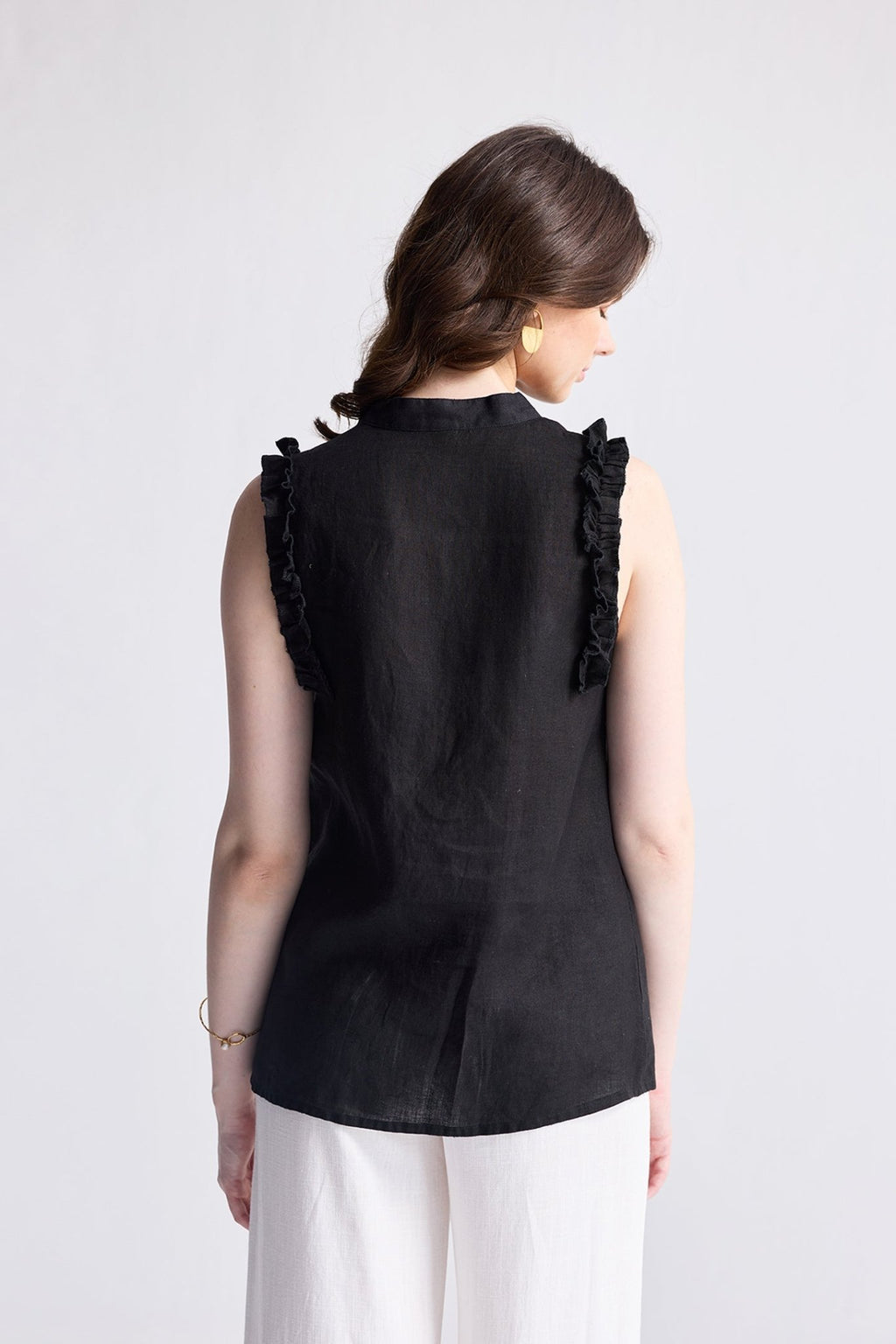 Sleeveless Hemp Top with Ruffles in Black - Addy Avenue