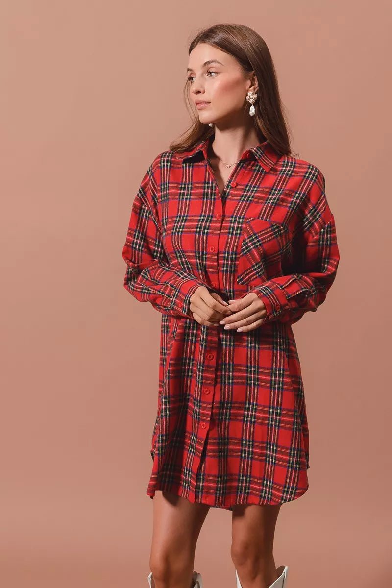 SO ME Christmas Checker Plaid Button Up Shirt Dress - Addy Avenue