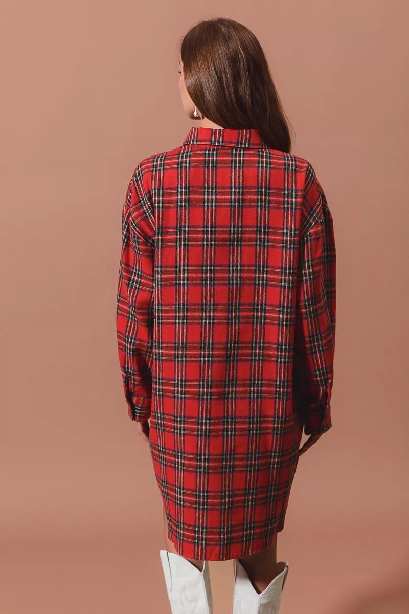 SO ME Christmas Checker Plaid Button Up Shirt Dress - Addy Avenue
