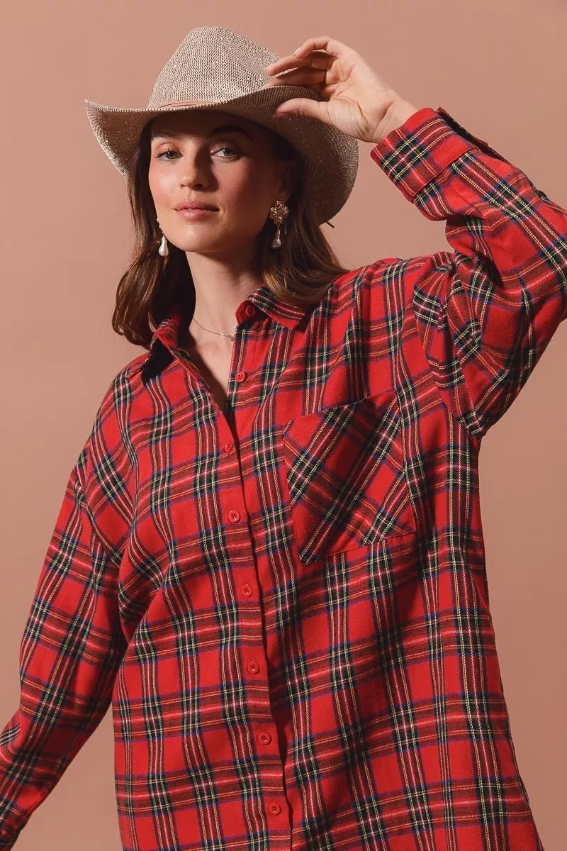 SO ME Christmas Checker Plaid Button Up Shirt Dress - Addy Avenue