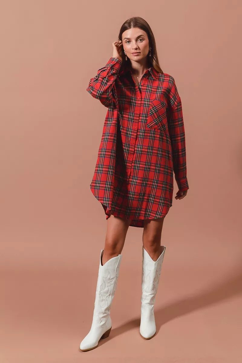SO ME Christmas Checker Plaid Button Up Shirt Dress - Addy Avenue