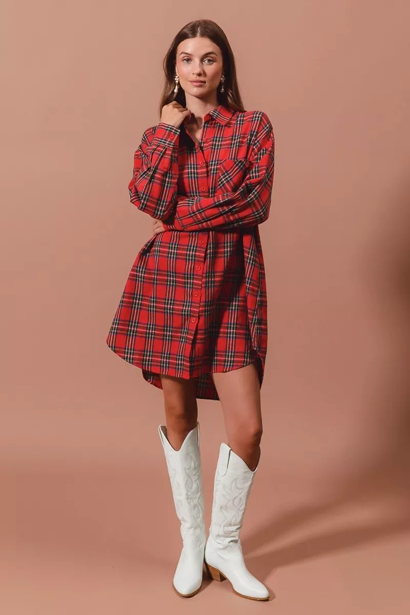 SO ME Christmas Checker Plaid Button Up Shirt Dress - Addy Avenue