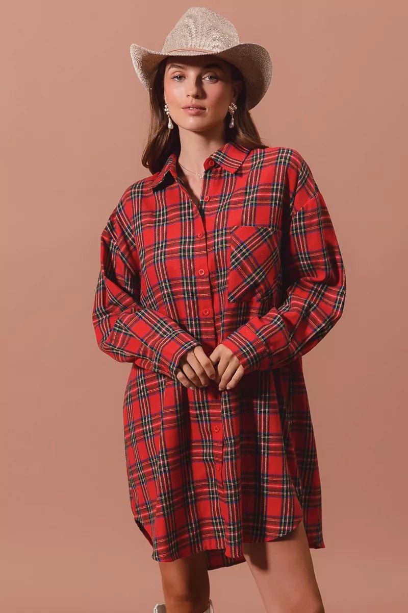 SO ME Christmas Checker Plaid Button Up Shirt Dress - Addy Avenue