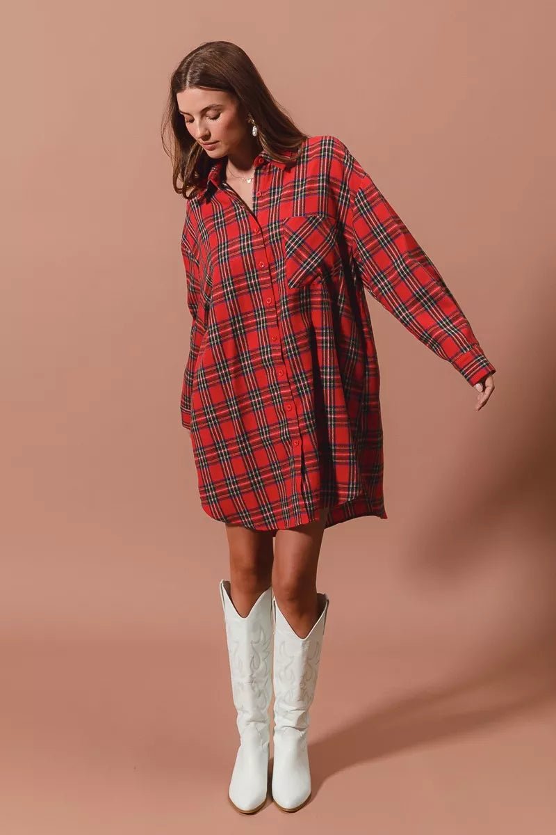 SO ME Christmas Checker Plaid Button Up Shirt Dress - Addy Avenue