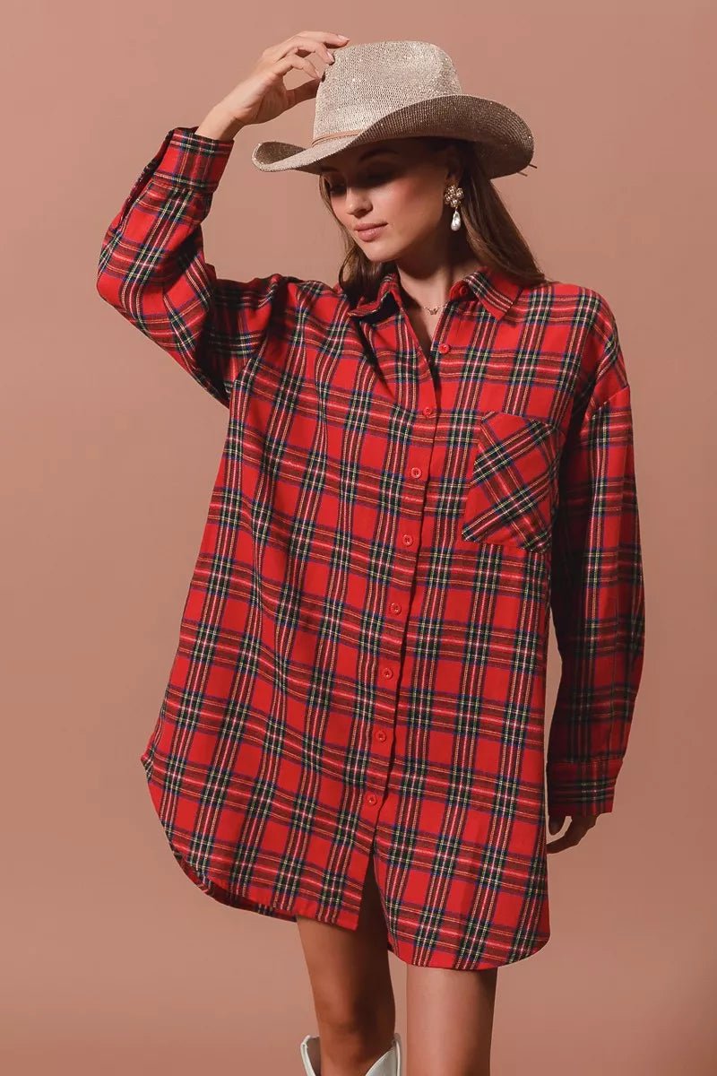 SO ME Christmas Checker Plaid Button Up Shirt Dress - Addy Avenue