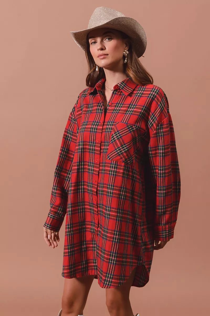 SO ME Christmas Checker Plaid Button Up Shirt Dress - Addy Avenue