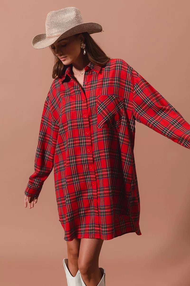 SO ME Christmas Checker Plaid Button Up Shirt Dress - Addy Avenue