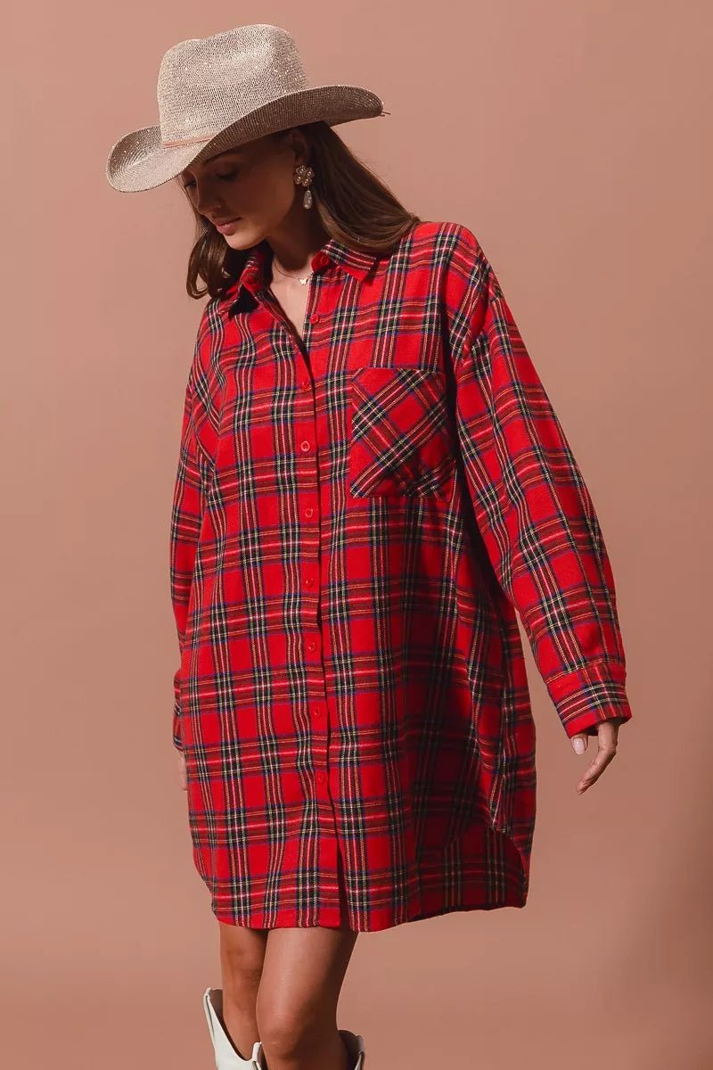 SO ME Christmas Checker Plaid Button Up Shirt Dress - Addy Avenue
