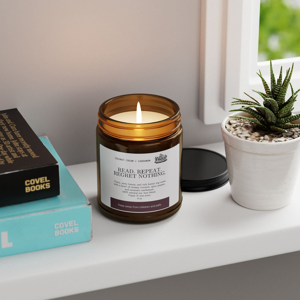 Soy Candle, Funny Book Lover Quote, Amber Jar Candle, Scented Candle, Read Repeat Regret Nothing, Home Decor, Gift for Bookworms, Literary - Addy Avenue