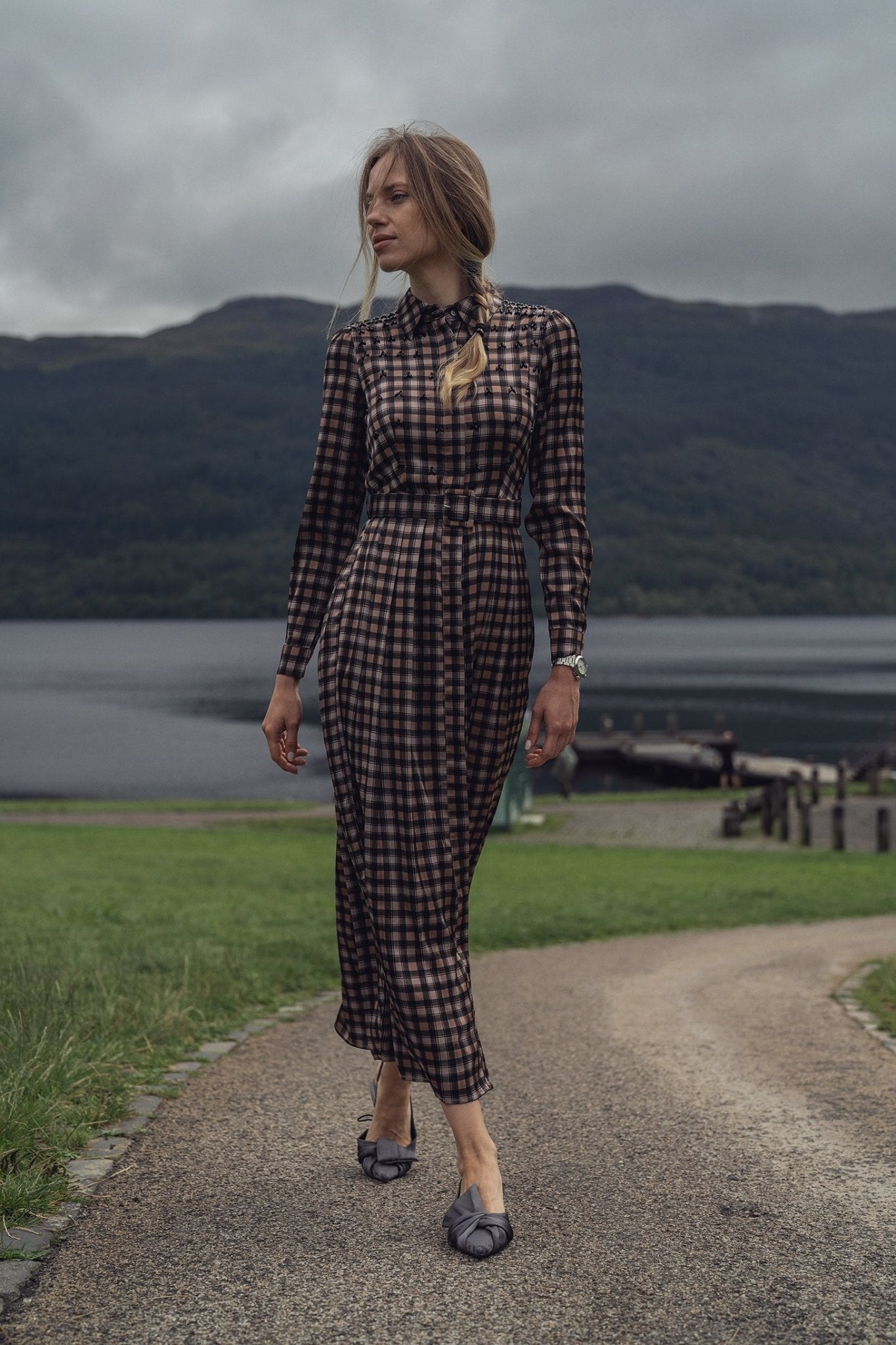 Stone Embellished Belted Shirtdress - Brown Plaid - Addy Avenue