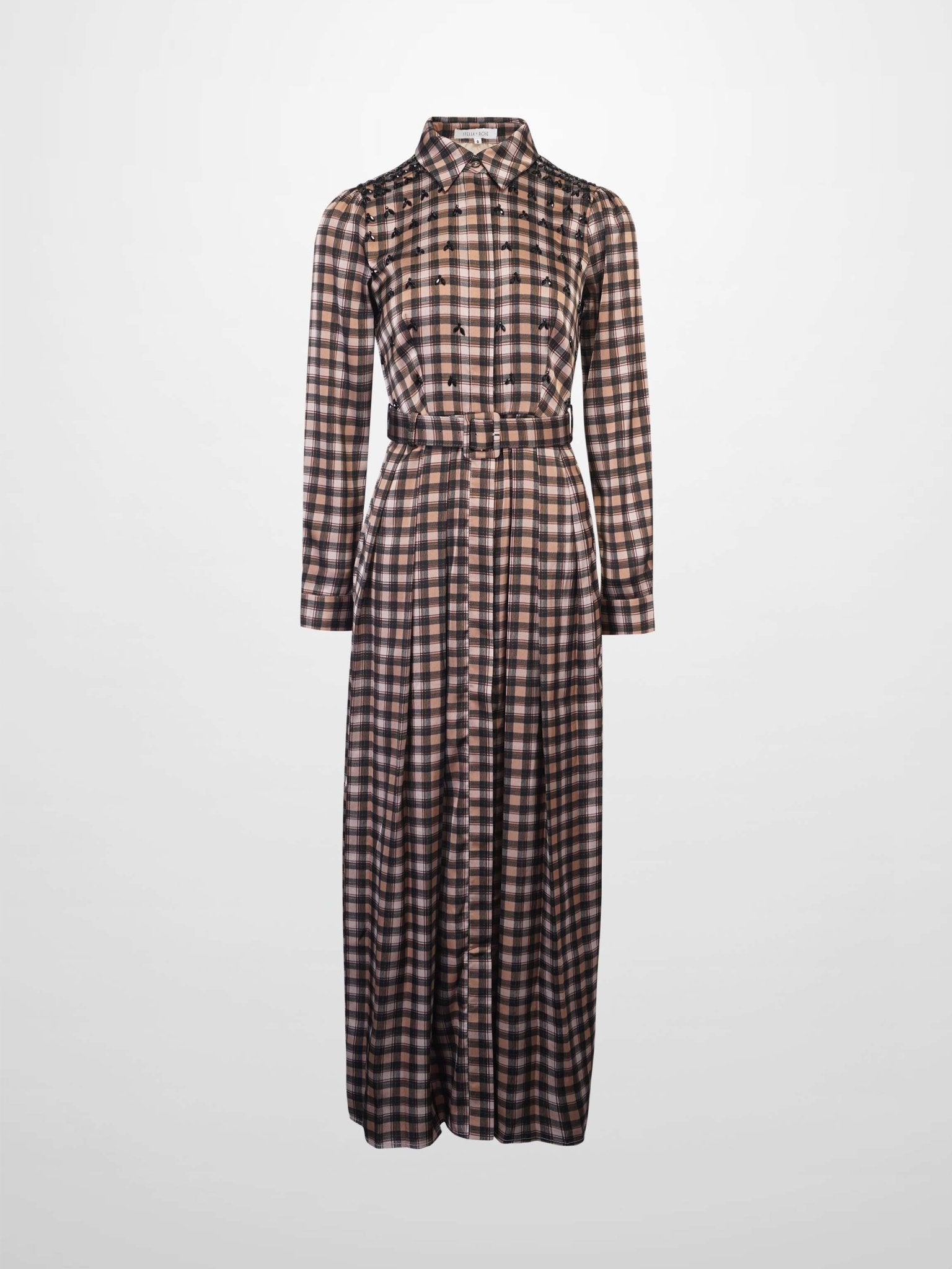 Stone Embellished Belted Shirtdress - Brown Plaid - Addy Avenue
