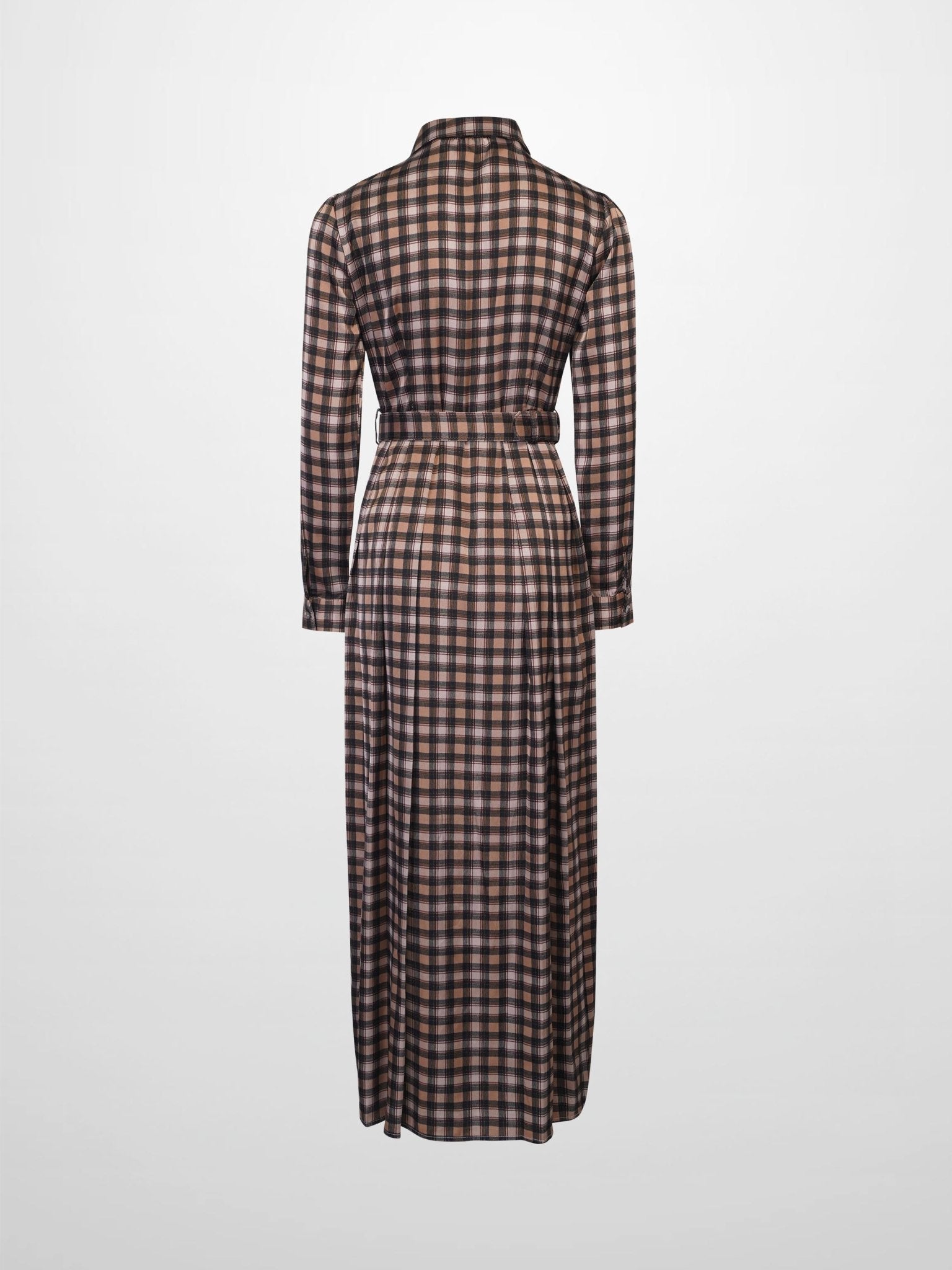 Stone Embellished Belted Shirtdress - Brown Plaid - Addy Avenue