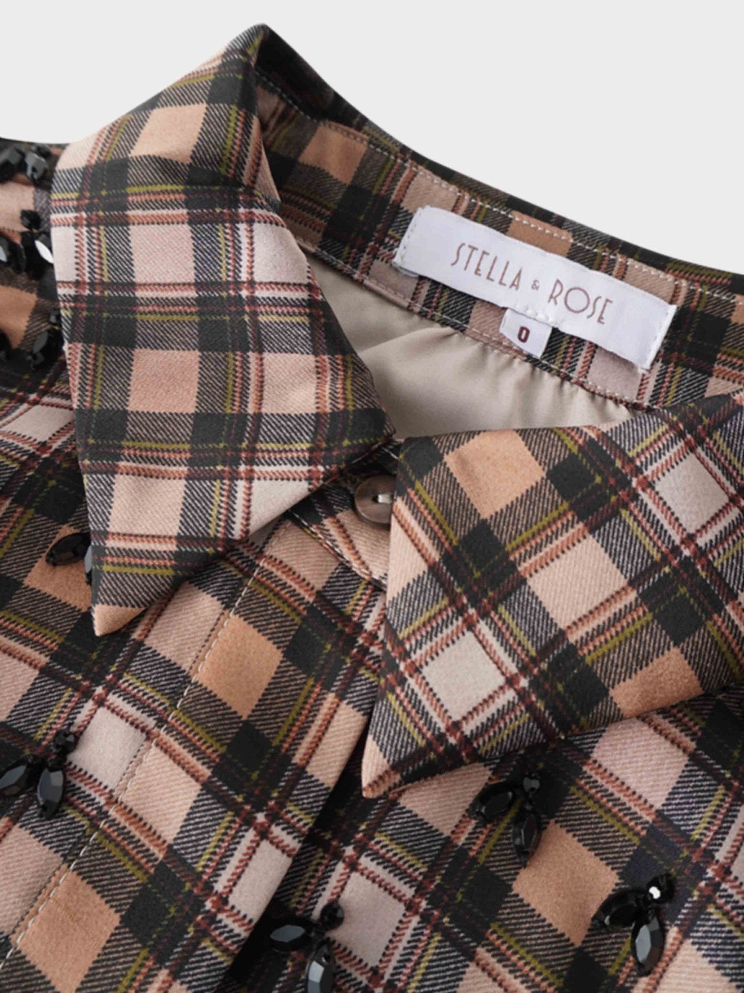 Stone Embellished Belted Shirtdress - Brown Plaid - Addy Avenue