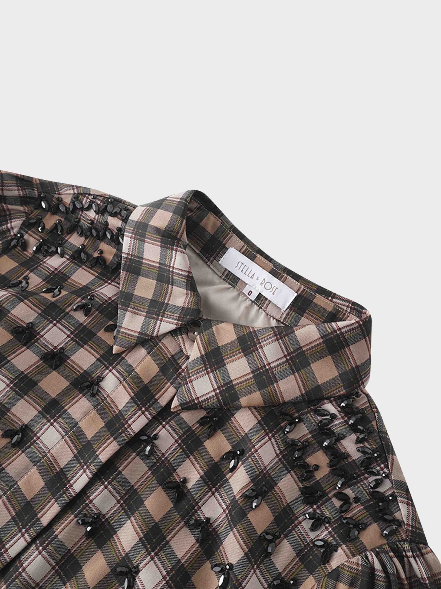 Stone Embellished Belted Shirtdress - Brown Plaid - Addy Avenue