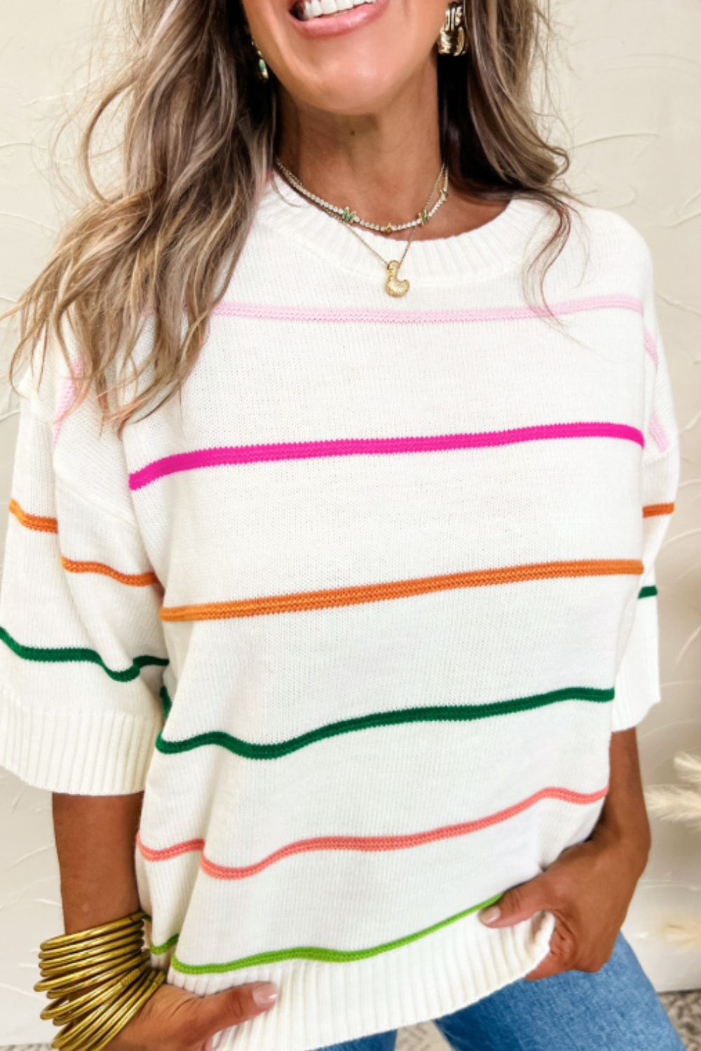Striped Half Sleeve Drop Shoulder Sweater - Addy Avenue