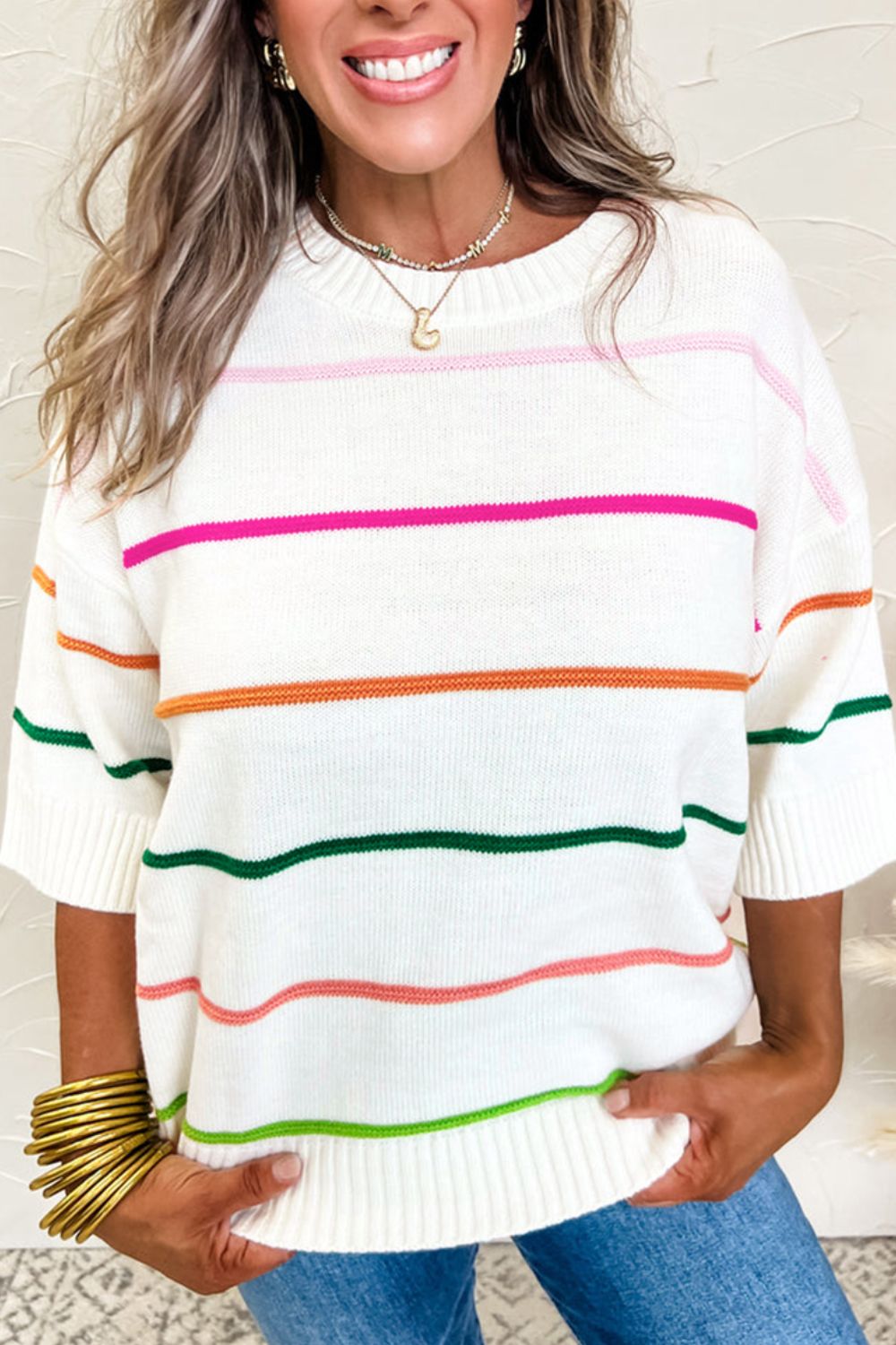 Striped Half Sleeve Drop Shoulder Sweater - Addy Avenue