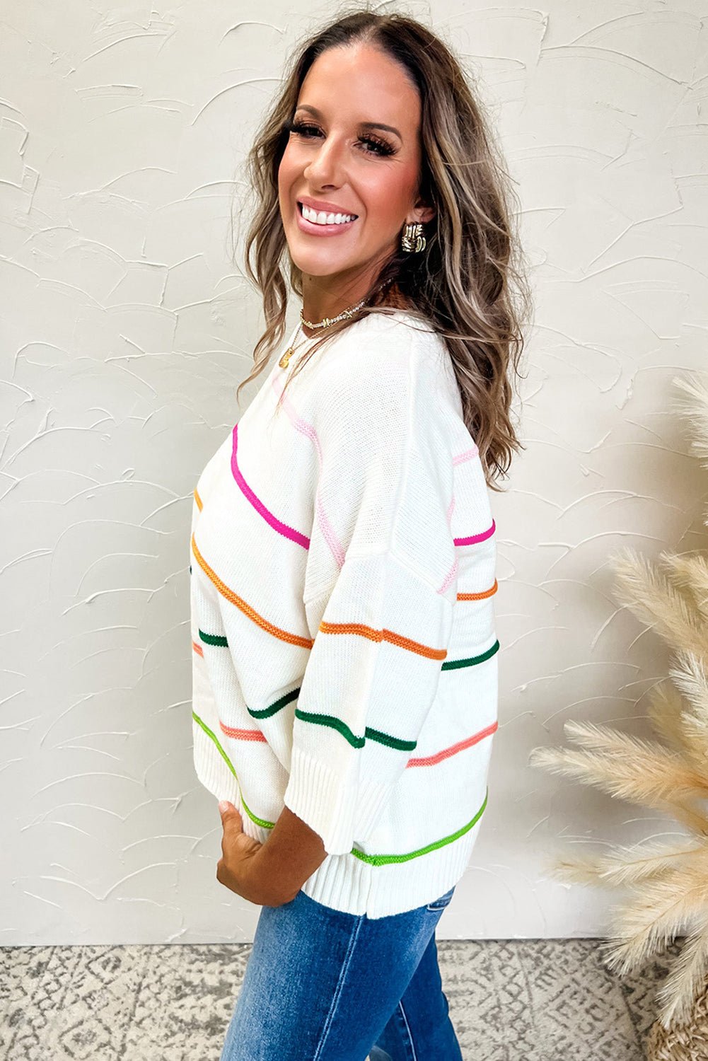 Striped Half Sleeve Drop Shoulder Sweater - Addy Avenue