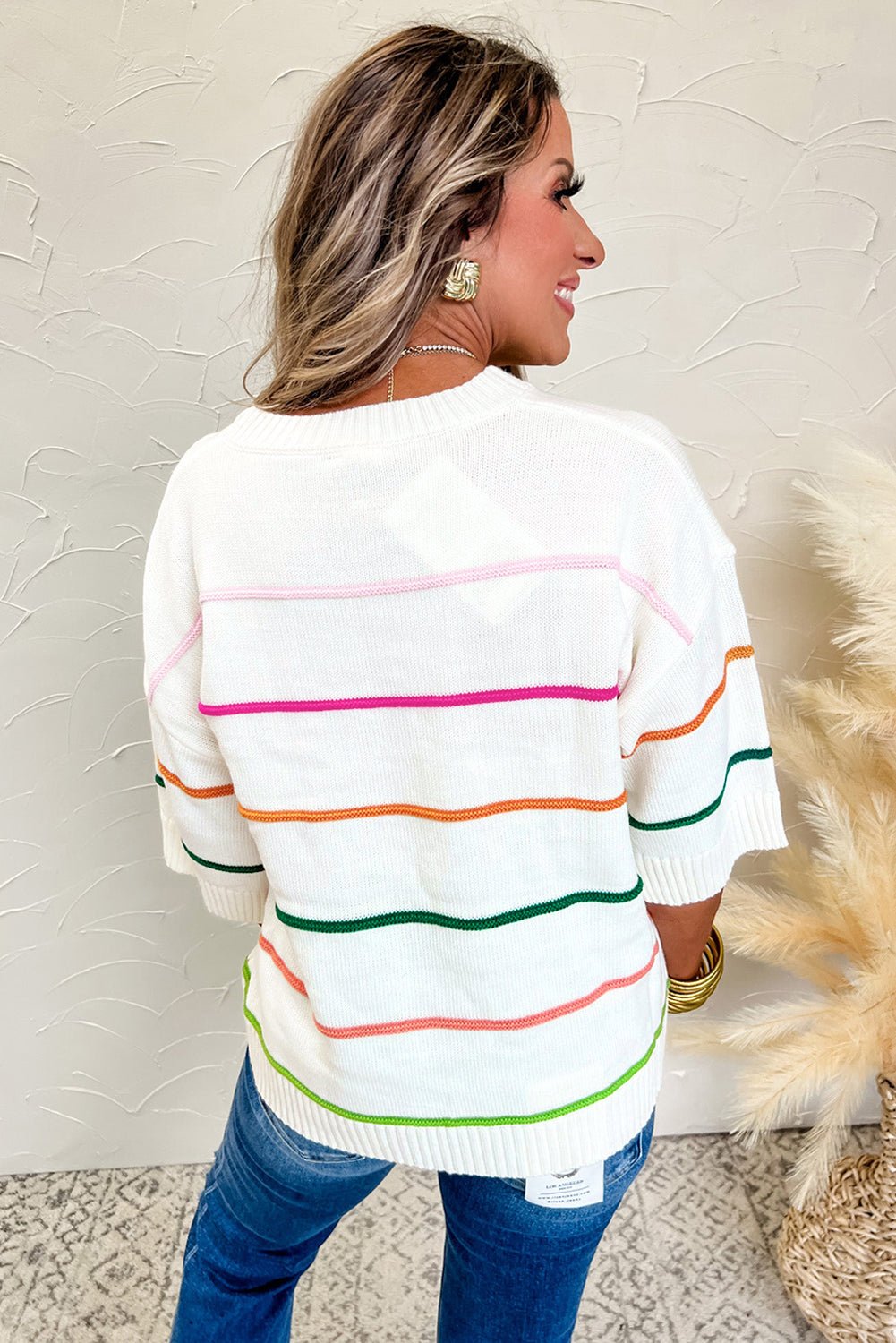 Striped Half Sleeve Drop Shoulder Sweater - Addy Avenue