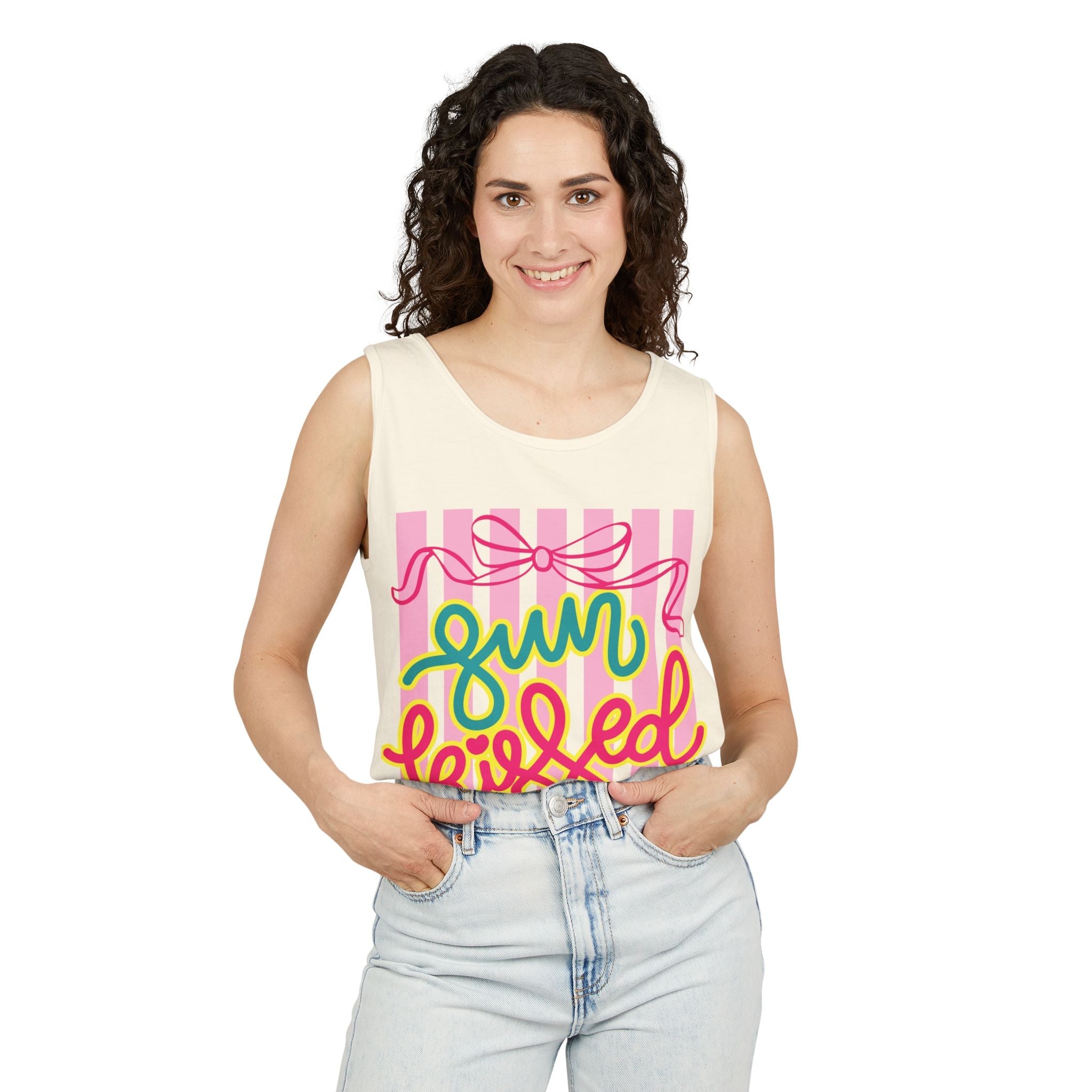 Sun Kissed script tank top | Summer striped graphic tank - Addy Avenue