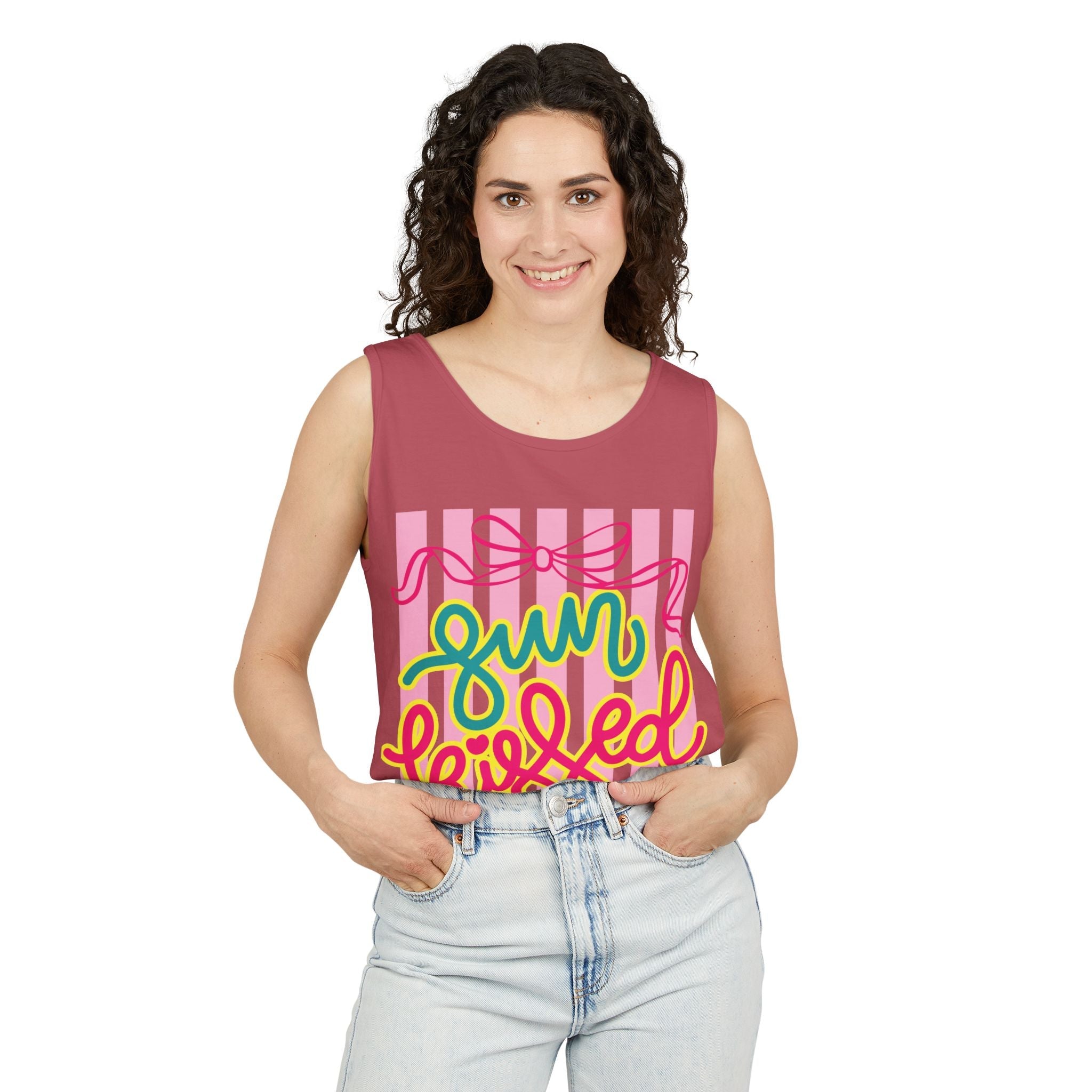 Sun Kissed script tank top | Summer striped graphic tank - Addy Avenue