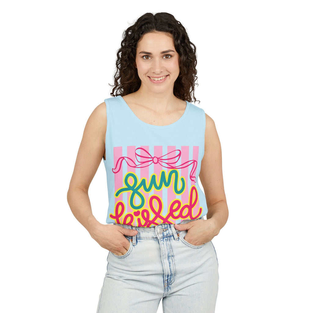 Sun Kissed script tank top | Summer striped graphic tank - Addy Avenue