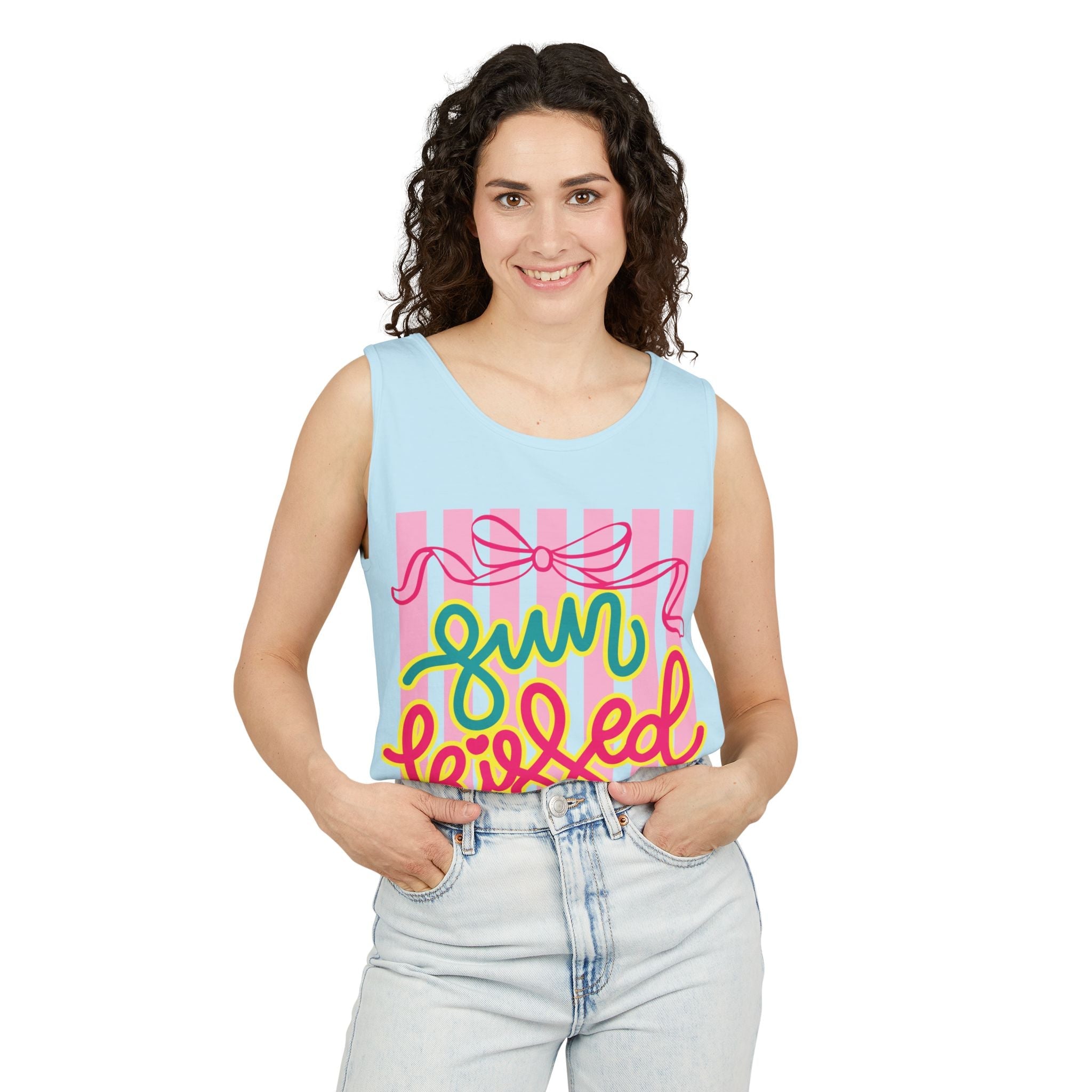 Sun Kissed script tank top | Summer striped graphic tank - Addy Avenue
