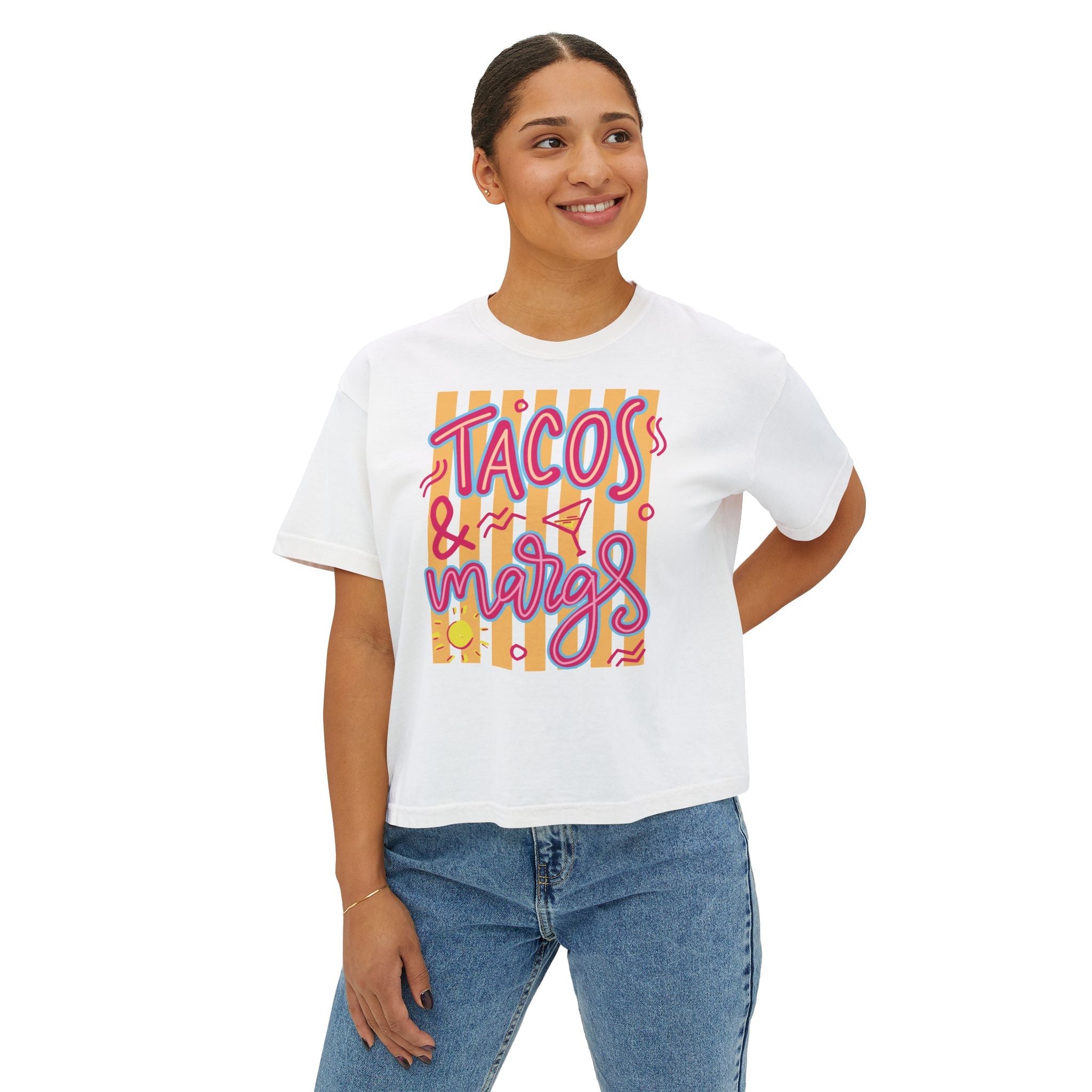 Tacos & Margs graphic Tee | Boxy Cropped Shirt, Mexican Food Fiesta - Addy Avenue