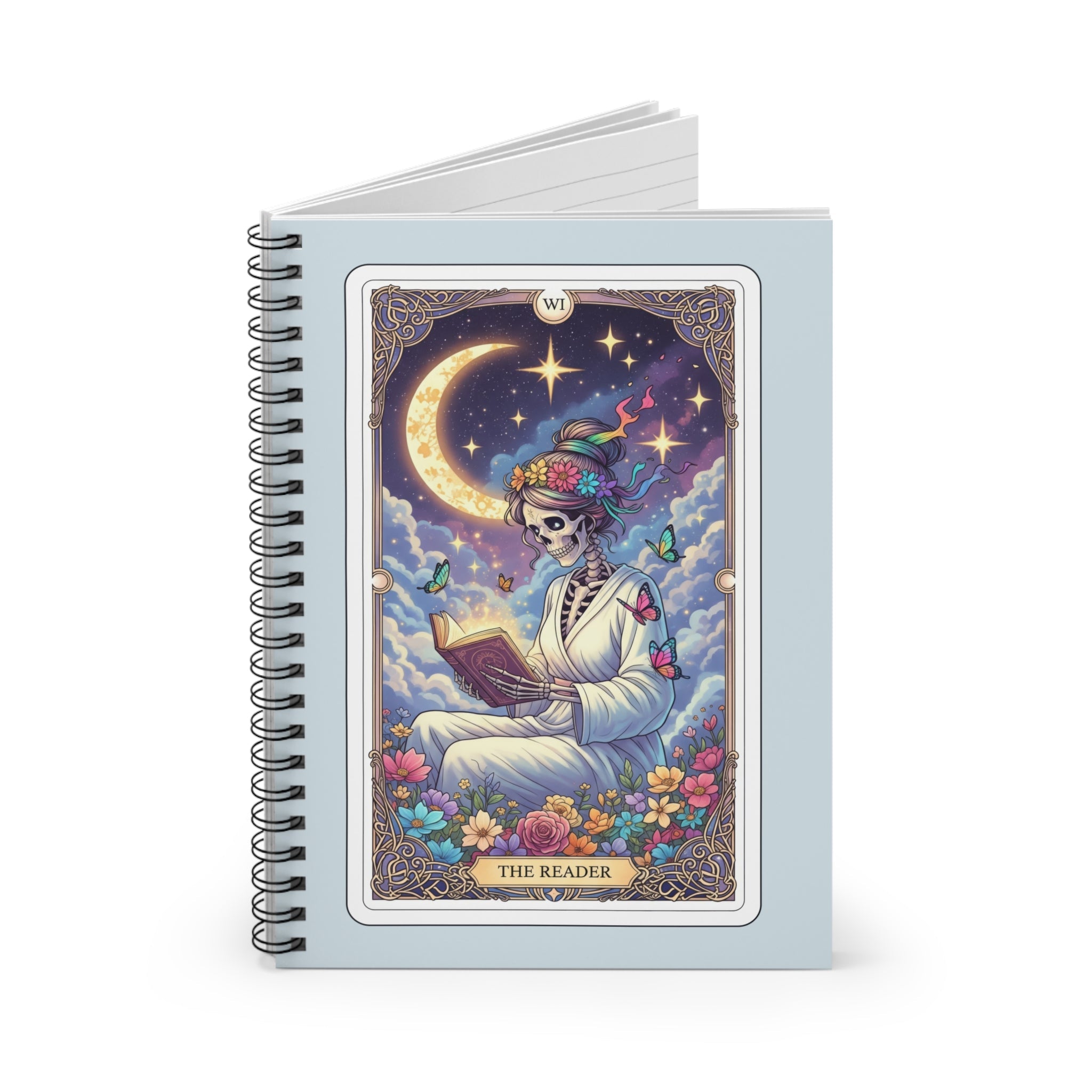Tarot 'The Reader' Skeleton Moon Notebook | Spiral Ruled Journal - Addy Avenue