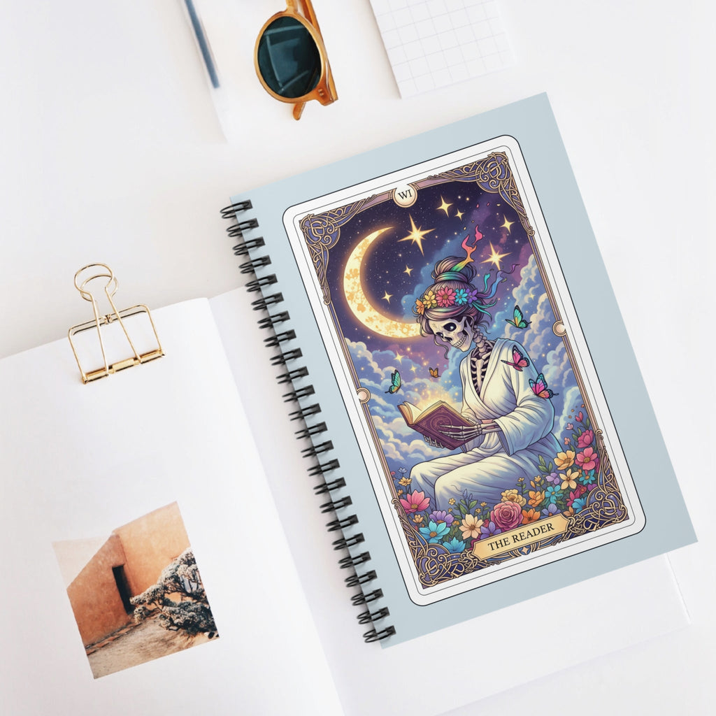 Tarot 'The Reader' Skeleton Moon Notebook | Spiral Ruled Journal - Addy Avenue