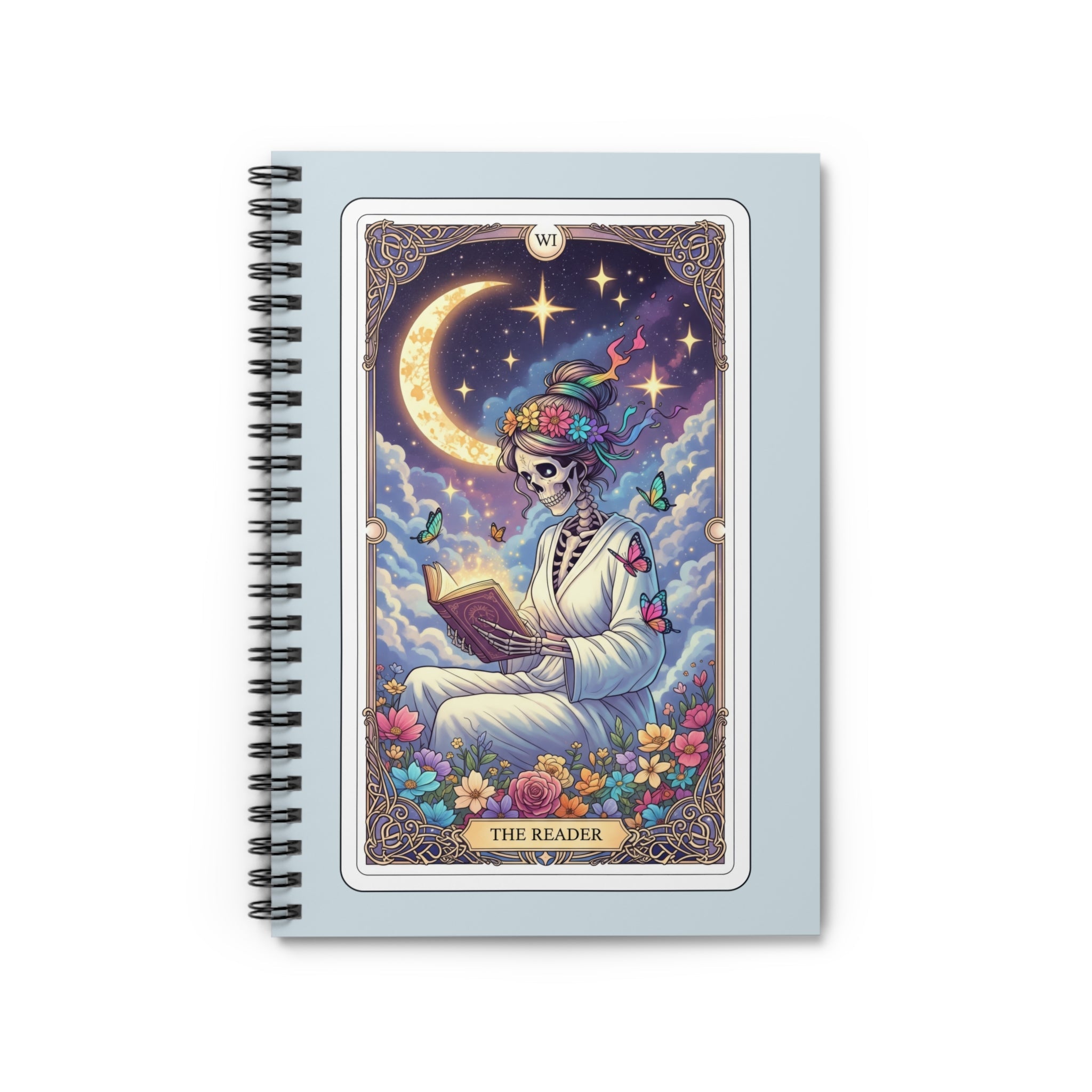 Tarot 'The Reader' Skeleton Moon Notebook | Spiral Ruled Journal - Addy Avenue