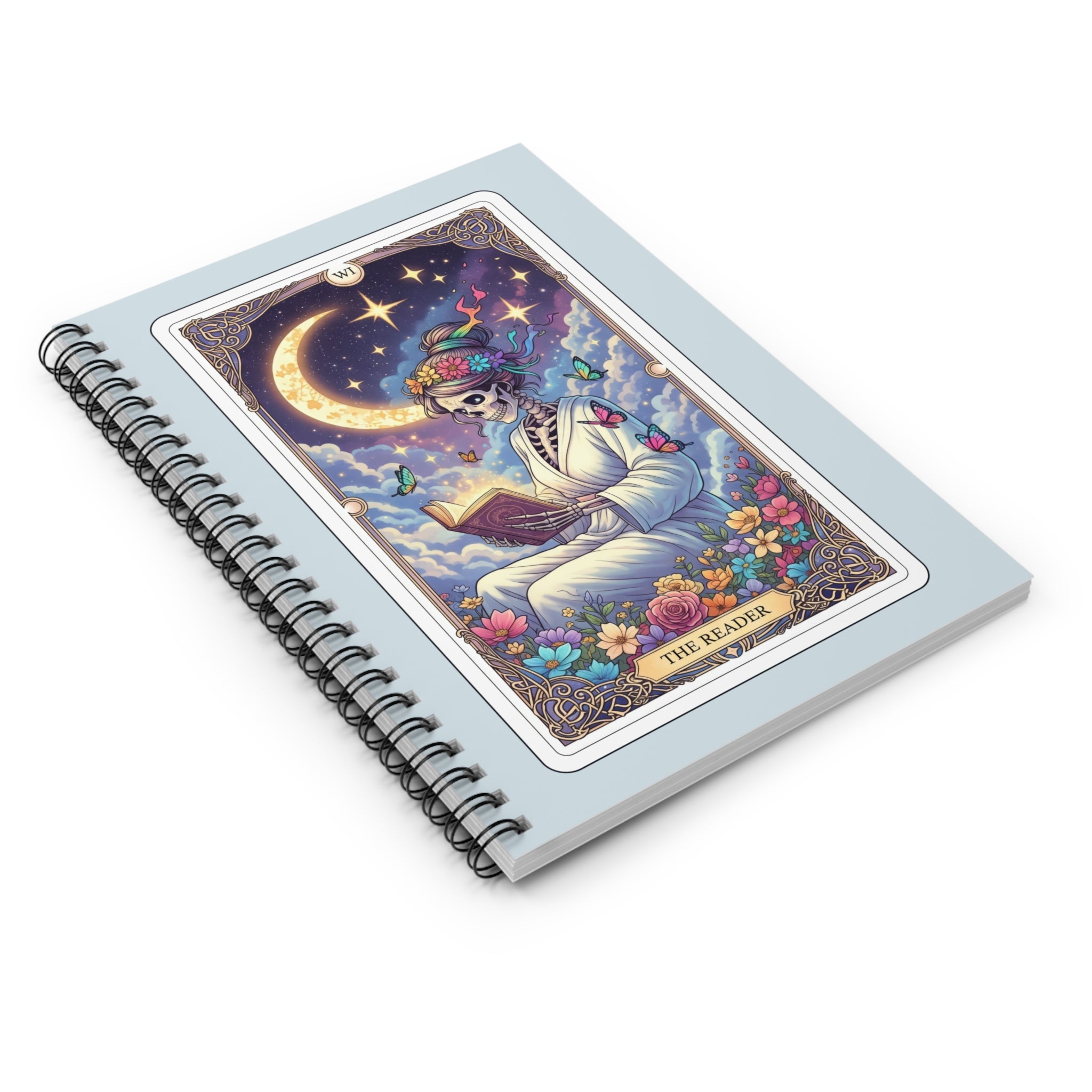 Tarot 'The Reader' Skeleton Moon Notebook | Spiral Ruled Journal - Addy Avenue
