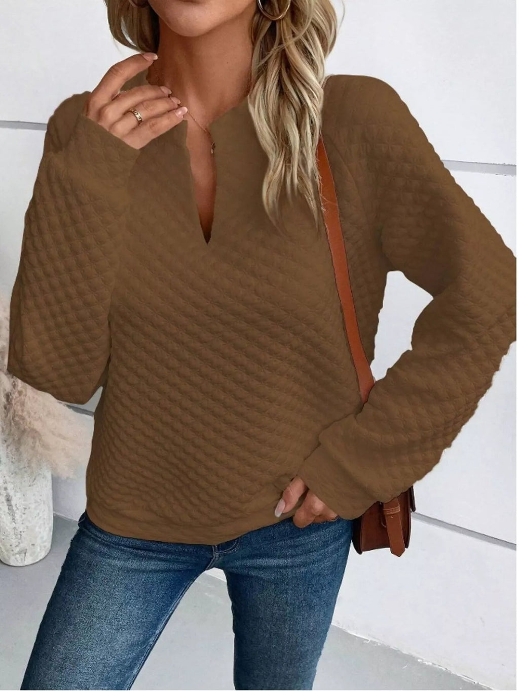 Textured Notched Raglan Sleeve Sweatshirt - Addy Avenue