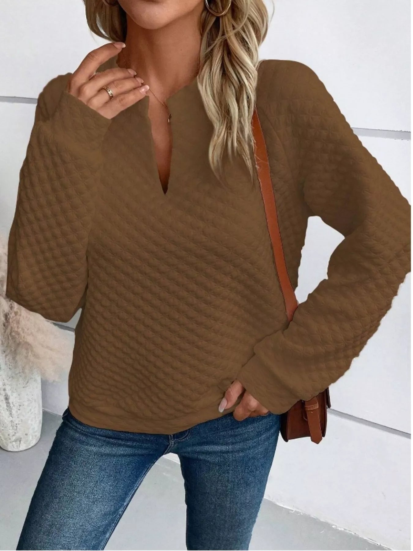Textured Notched Raglan Sleeve Sweatshirt - Addy Avenue