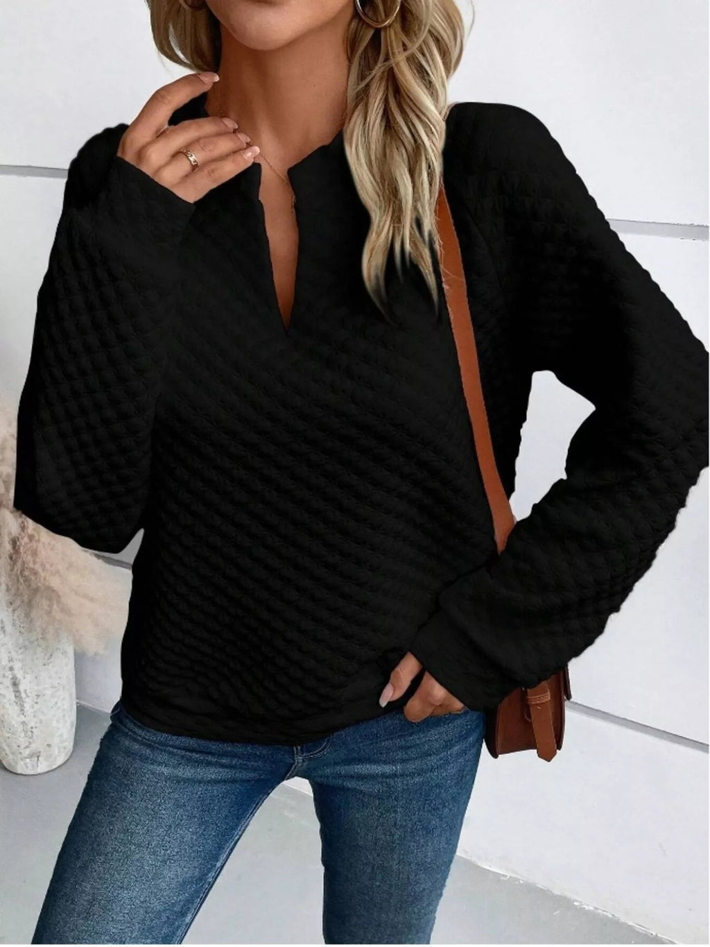 Textured Notched Raglan Sleeve Sweatshirt - Addy Avenue