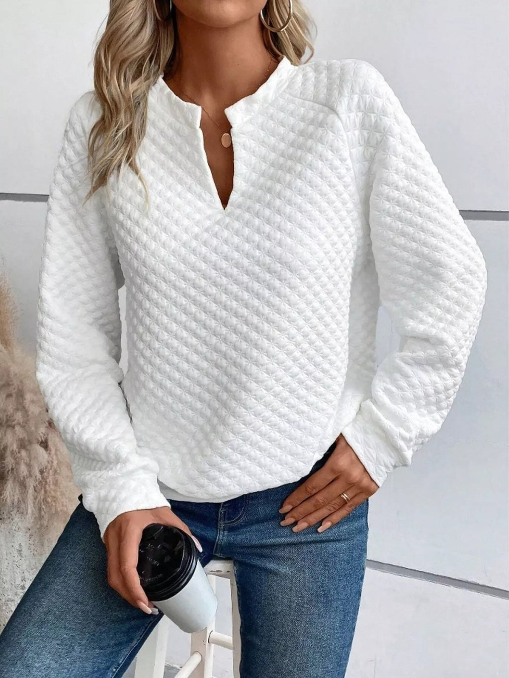 Textured Notched Raglan Sleeve Sweatshirt - Addy Avenue