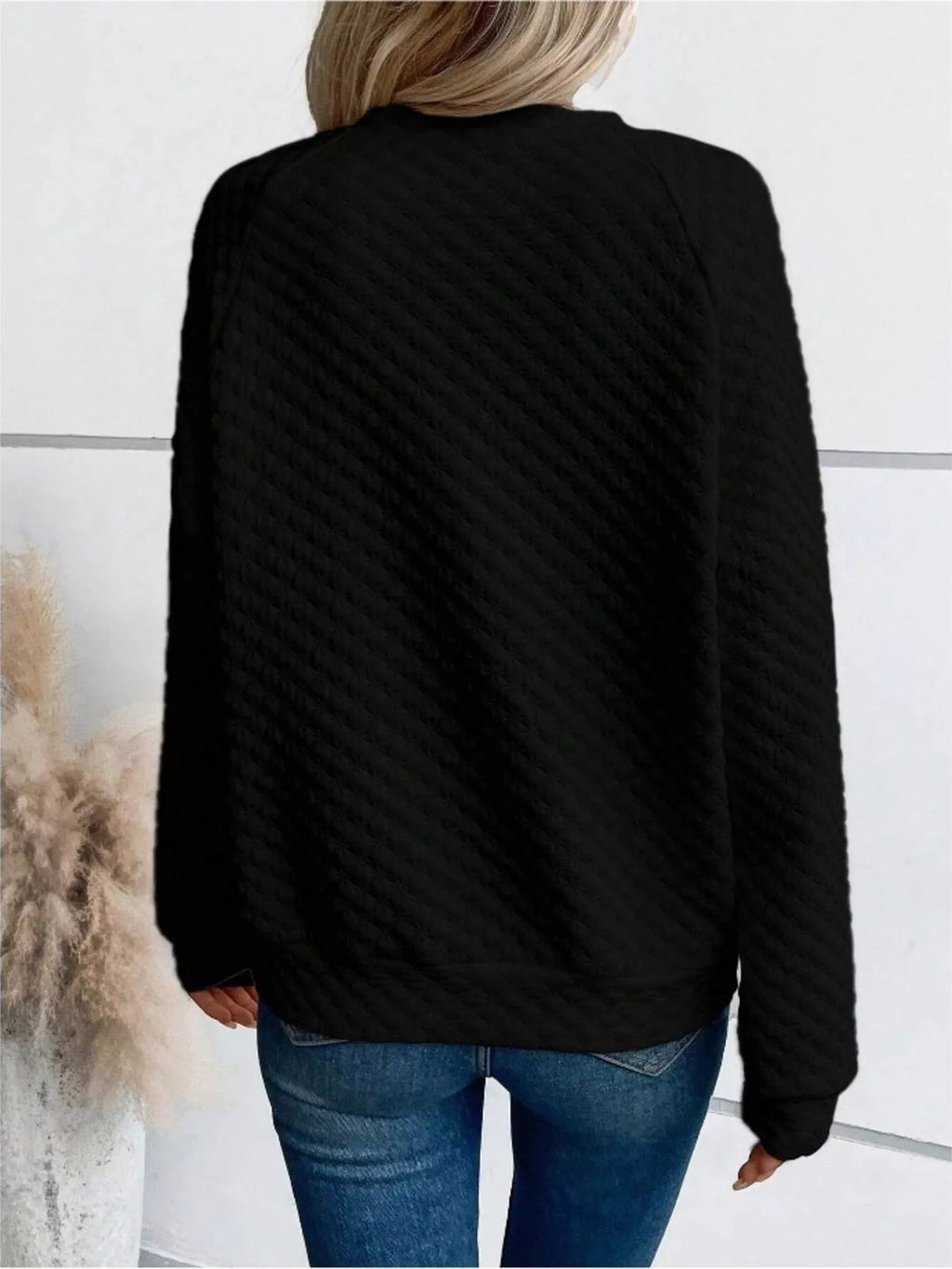 Textured Notched Raglan Sleeve Sweatshirt - Addy Avenue