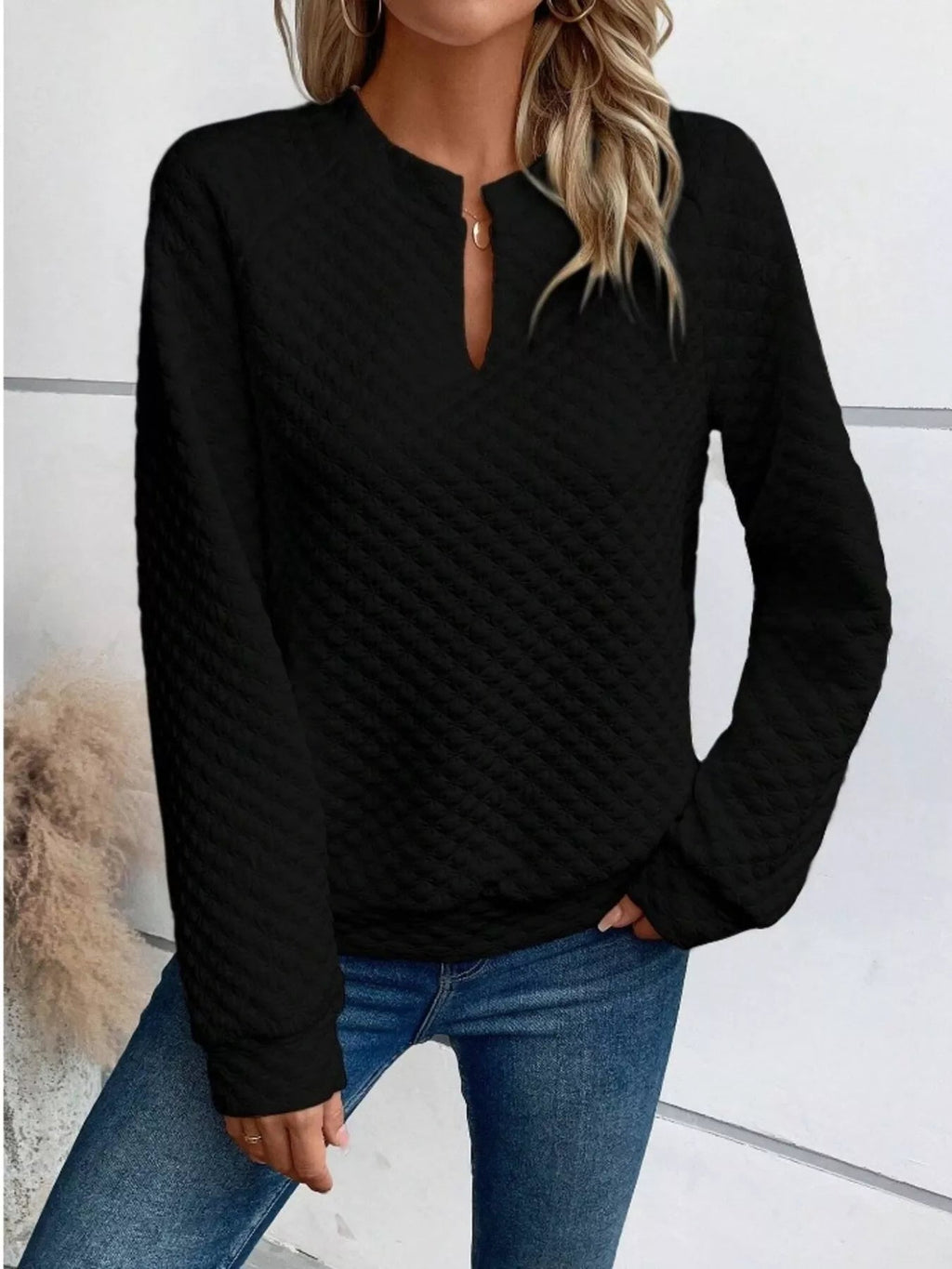Textured Notched Raglan Sleeve Sweatshirt - Addy Avenue