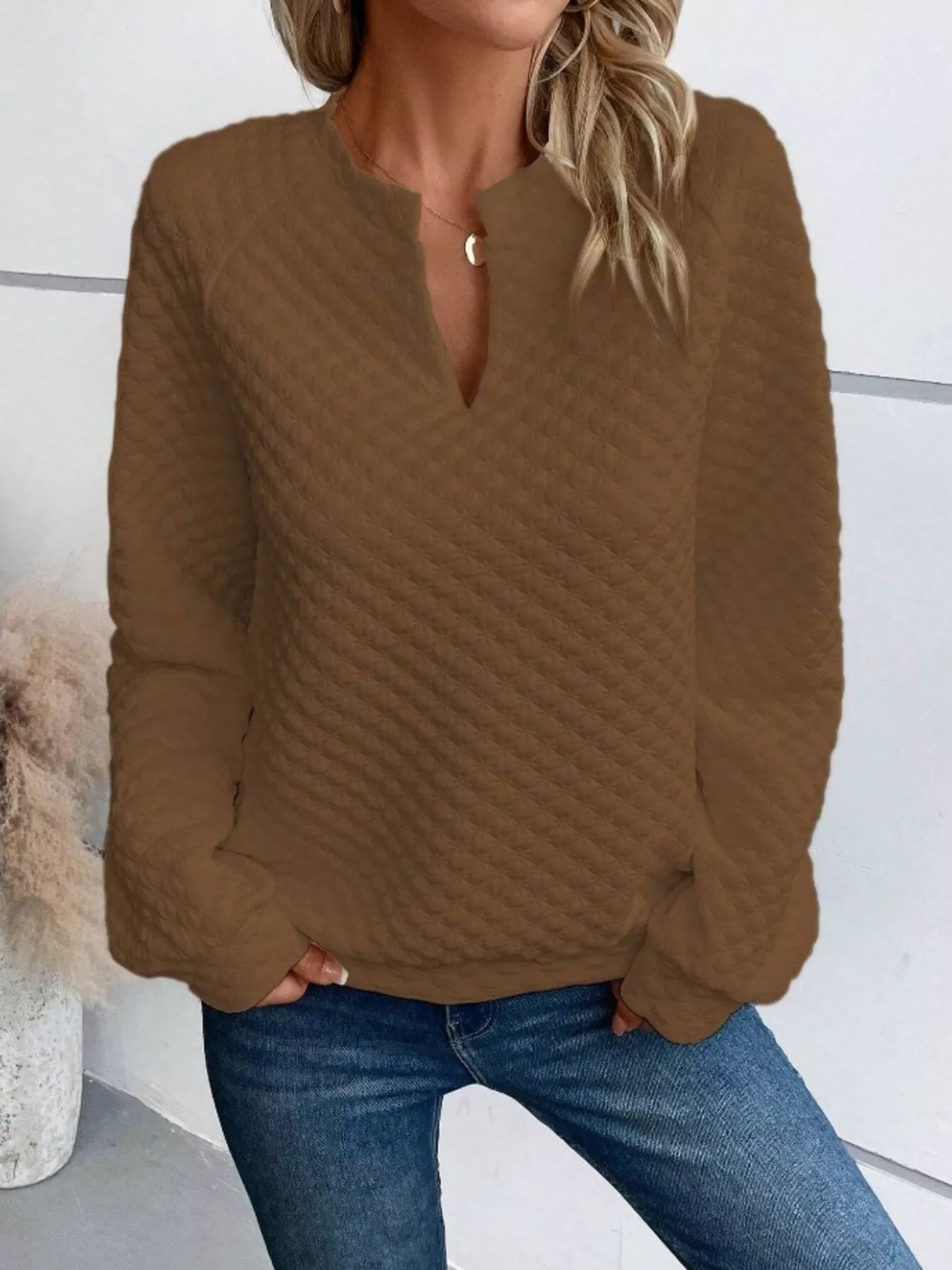 Textured Notched Raglan Sleeve Sweatshirt - Addy Avenue