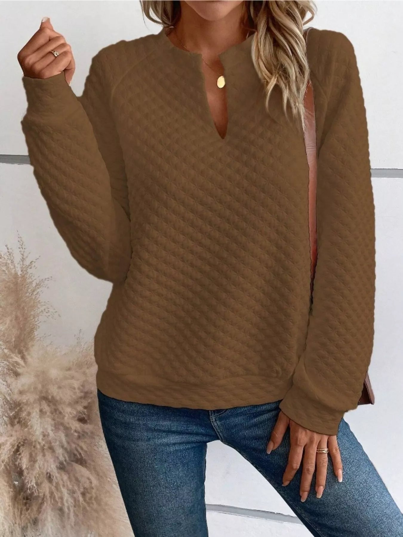 Textured Notched Raglan Sleeve Sweatshirt - Addy Avenue