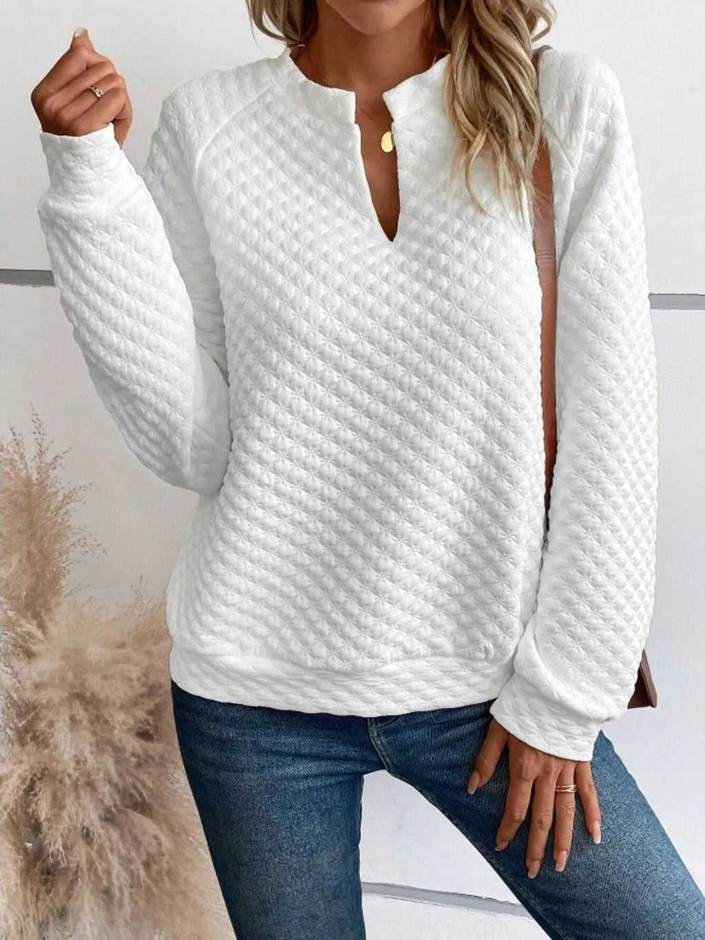 Textured Notched Raglan Sleeve Sweatshirt - Addy Avenue
