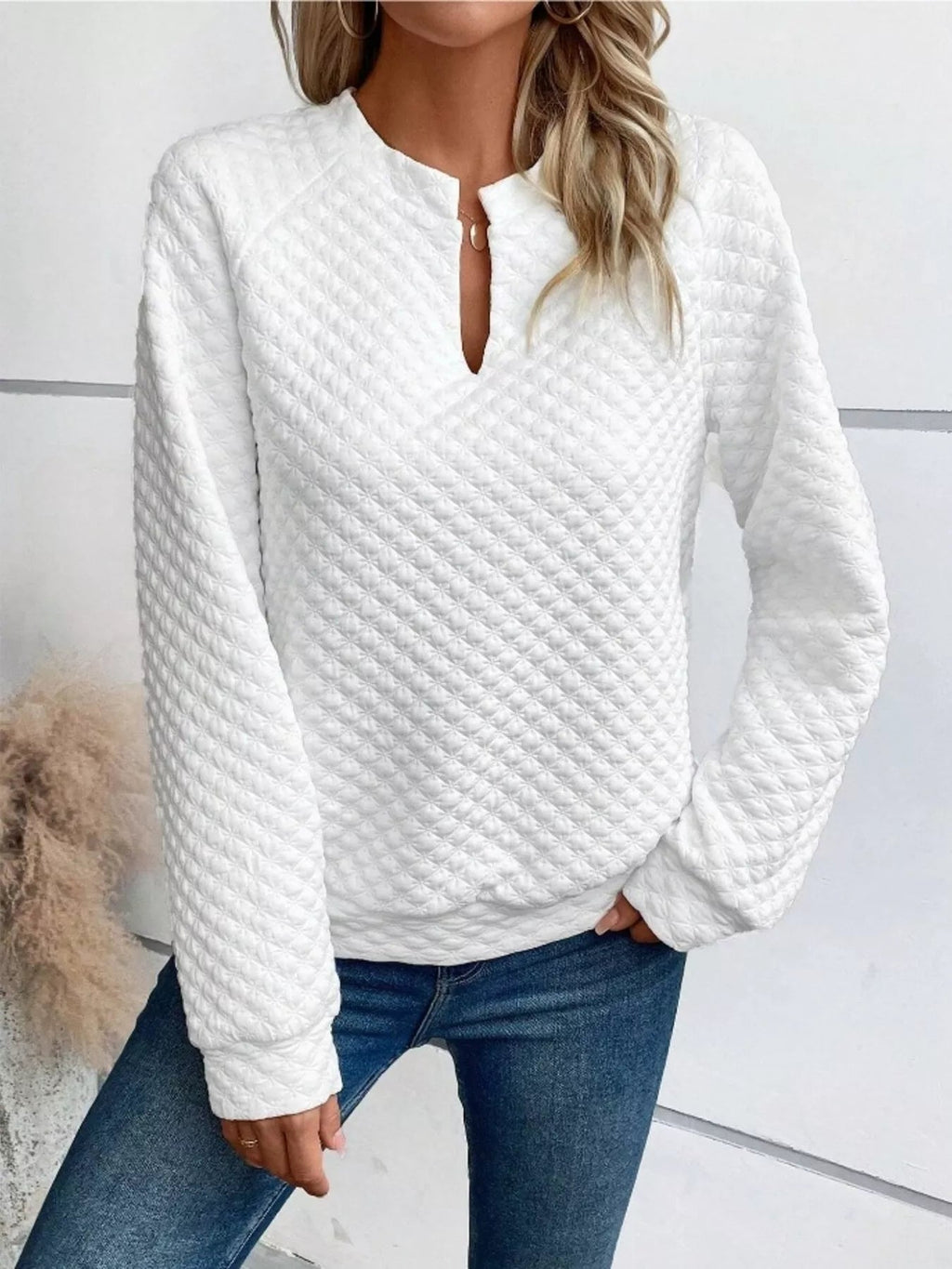 Textured Notched Raglan Sleeve Sweatshirt - Addy Avenue