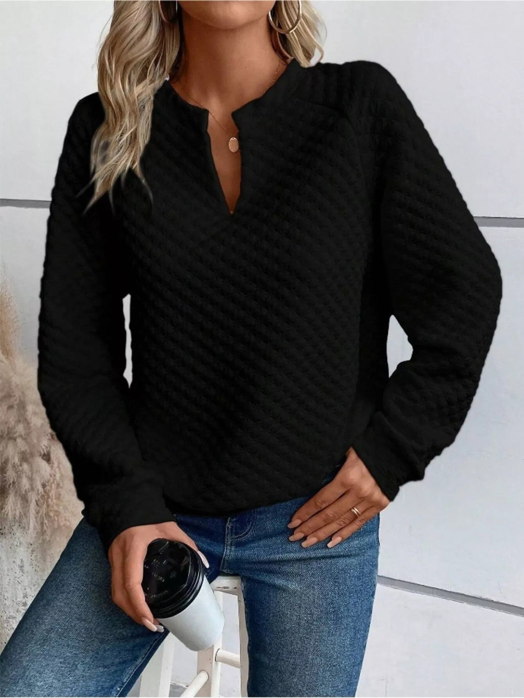 Textured Notched Raglan Sleeve Sweatshirt - Addy Avenue