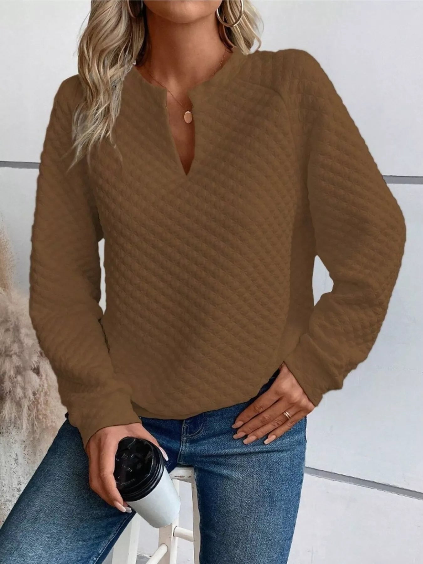 Textured Notched Raglan Sleeve Sweatshirt - Addy Avenue