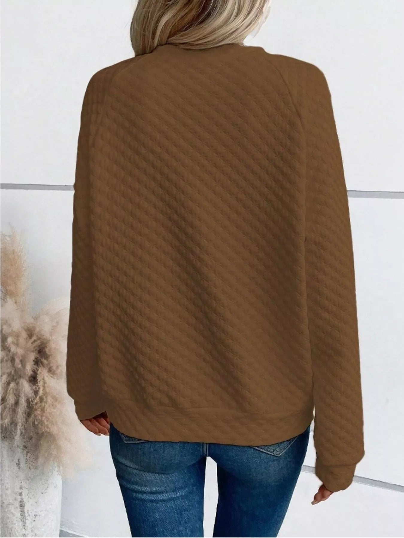Textured Notched Raglan Sleeve Sweatshirt - Addy Avenue