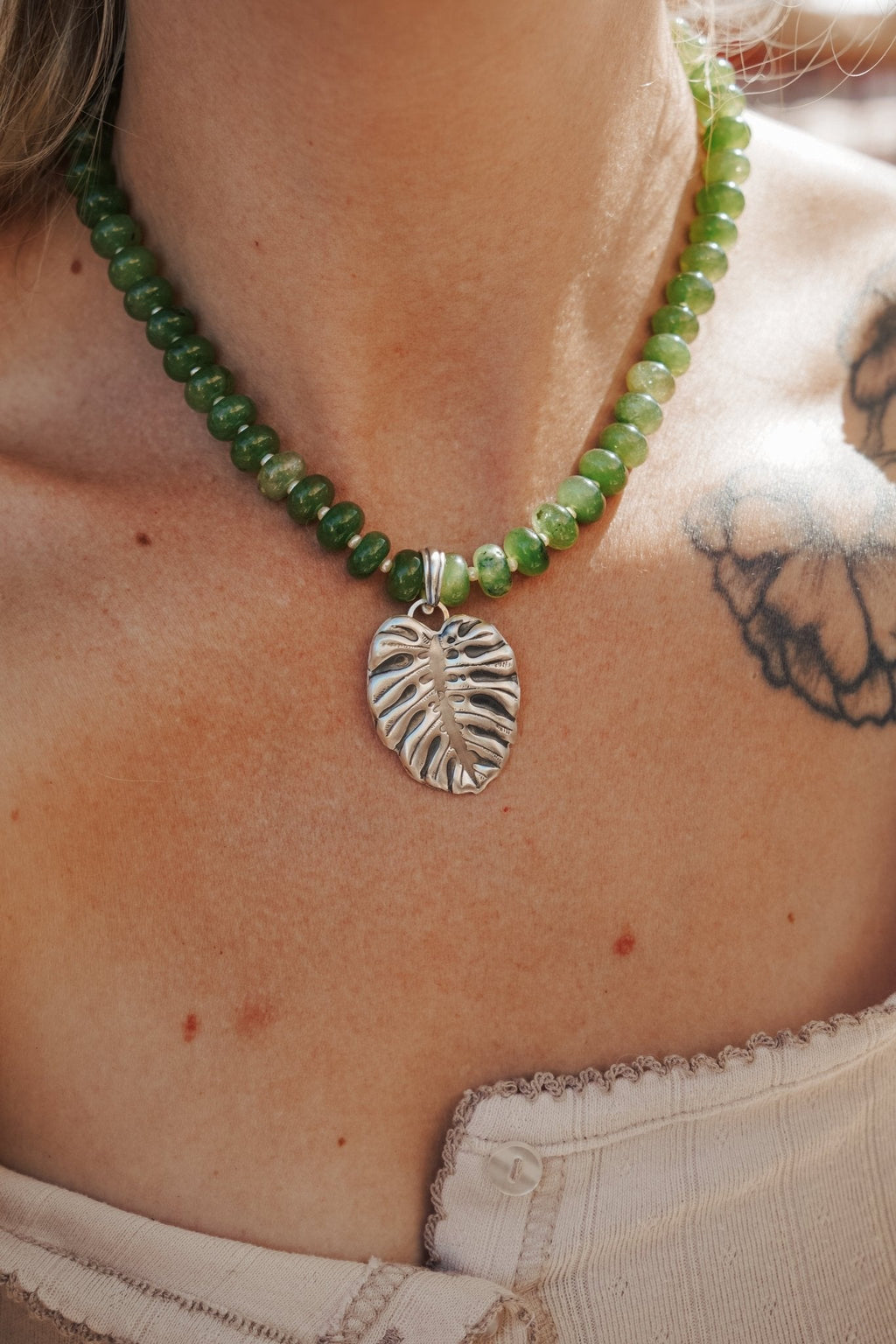 The Monsterra Necklace in Jade + Pearl Beads - Addy Avenue